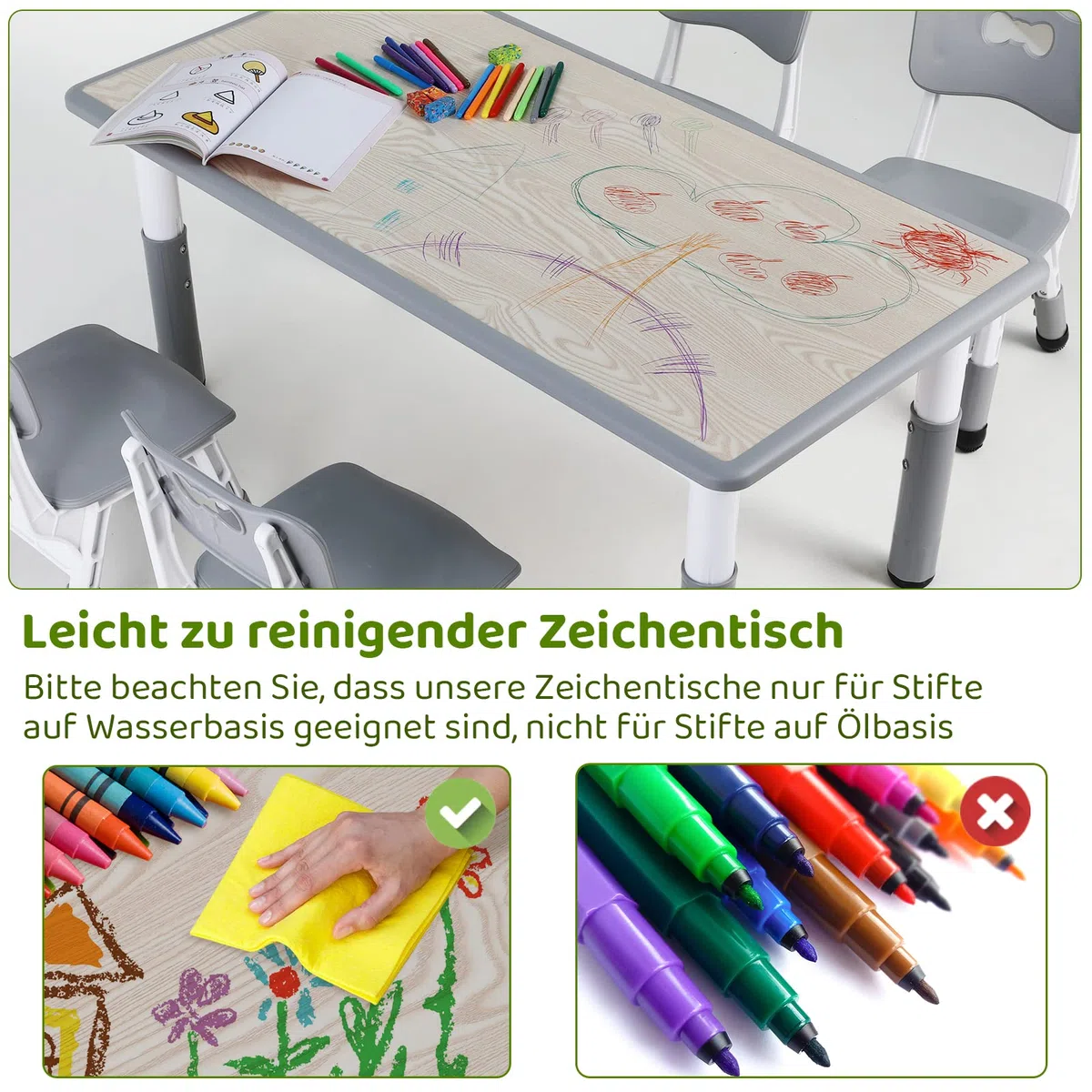MAMIZO Kindertisch Packung mit 4 Stühlen, Kindertischgruppe Höhenverstellbar, Tisch Stuhl Set für Kindergarten und Kinderzimmer, Plastik Kindermöbel, Sitzgruppe für Jungen Mädchen ab 2 Jahre, Grau