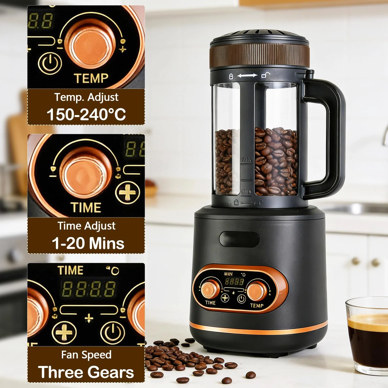 Heißluft Kaffeeröster 200g, 2200W Auto Röster Maschine für Kaffeebohnen, Geteilte Kaffeebohnentasse, Temp & Timer stufenlos regelbar, ideal für Zuhause und Café