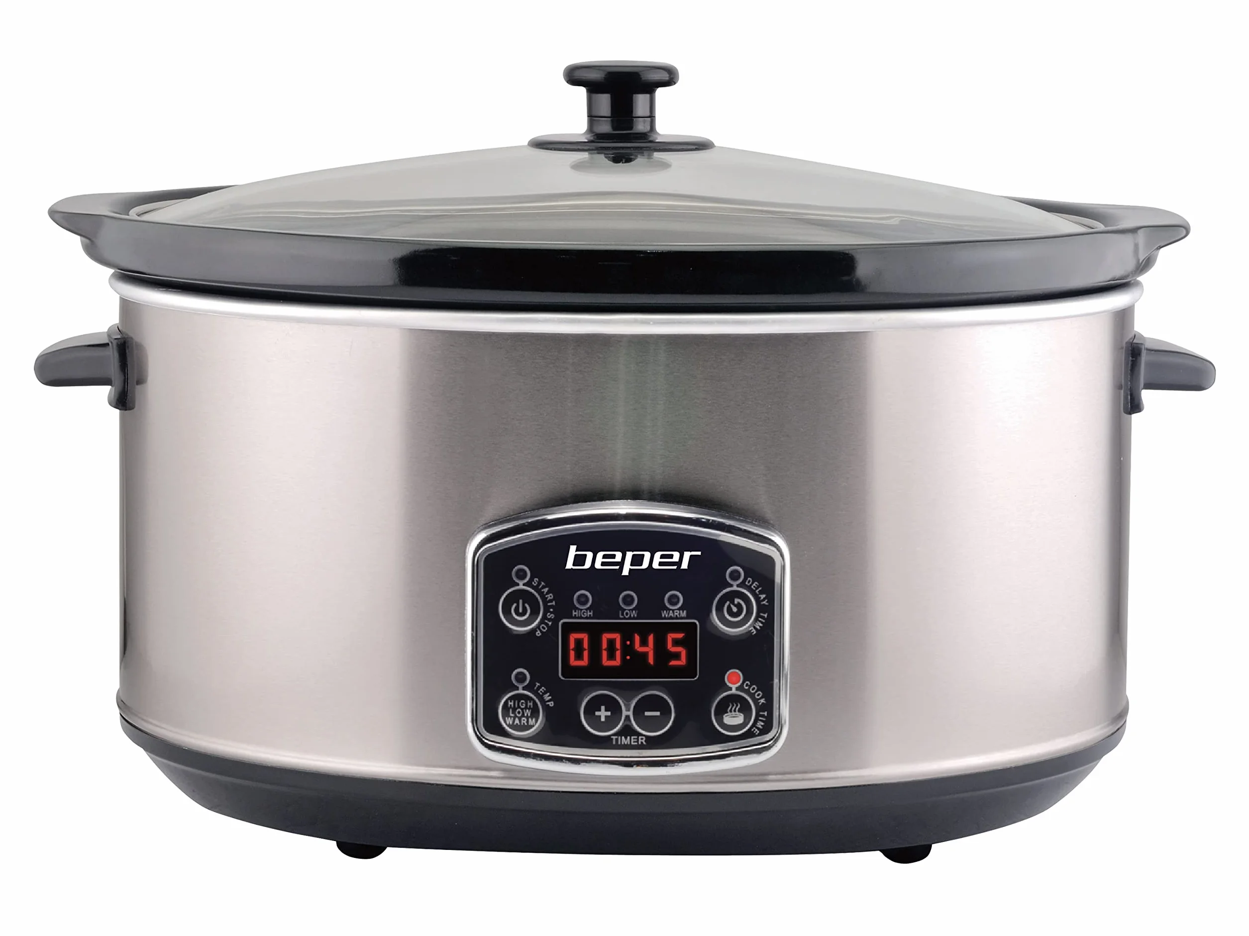 BEPER BC.510 Slow Cooker, 280 W, 4,5 Liter, Glaskeramik, Schwarz und Stahl, Nero E Acciaio