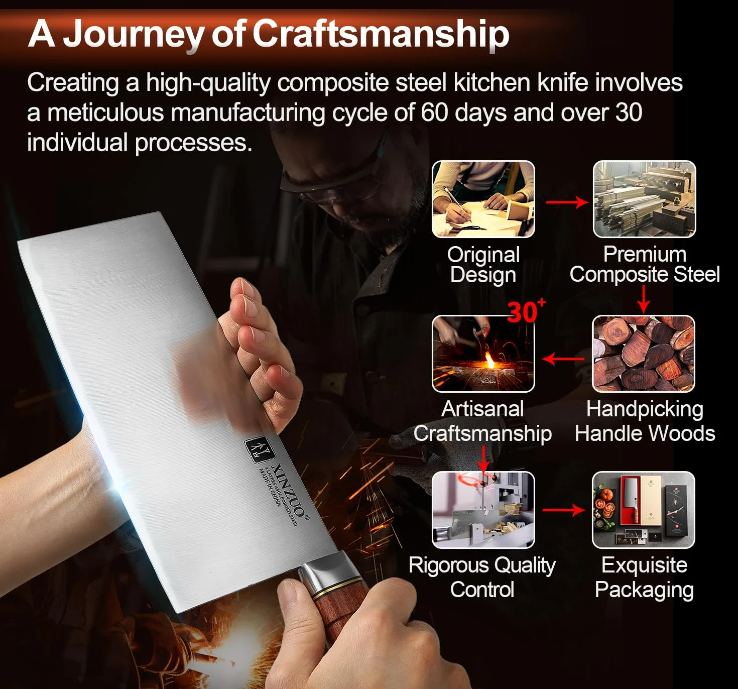 XINZUO 20,5cm Chinesisches Kochmesser 3 Schichten Verbundstahl Küchenmesser- Multifunktions Chefmesser Scharfes Edelstahl Profi Hackmesser -Ergonomischer Griff aus Red Wood -mit Geschenkbox