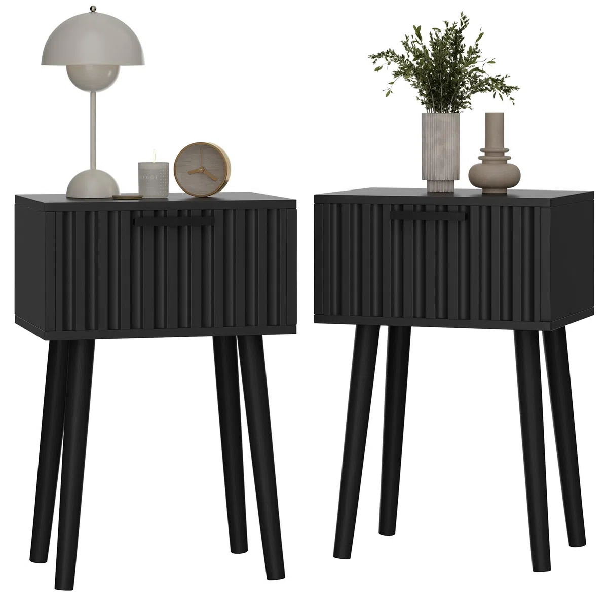 YMYNY Nachttisch 2er Set, Beistelltisch, Nachtschrank, Magnetschublade mit geriffelten Fronten, Massivholz Beinen, Modern, Couchtisch für Schlafzimmer Wohnzimmer, Schwarz HST014B-2