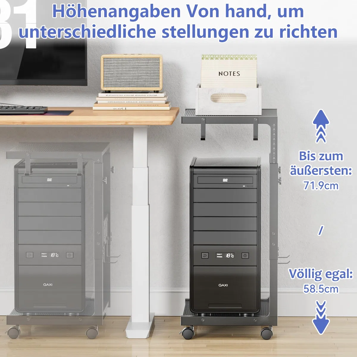 JANE EYRE Computer Tower Ständer - Höhenverstellbarer PC Tower Ständer Gehäuse Halterung CPU Halter Wagen mit Rollen und 4 Haken für Home Office und Klassenzimmer, 58.5-71.9cm H, Schwarz