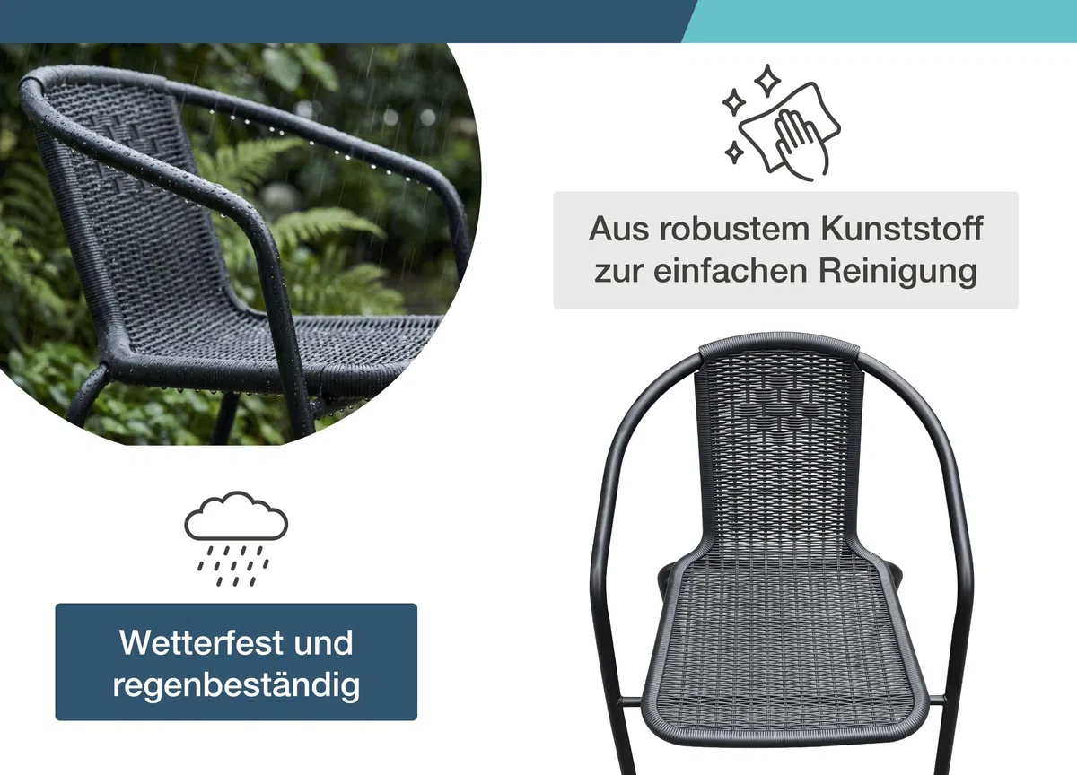 LC Garden Garvista 4er Stuhl Set Bistrostuhl Stapelstuhl, Gartenstuhl, Terassenstuhl, stapelbarer Armlehnstuhl mit Metallgestell in schwarz und Polyrattangeflecht