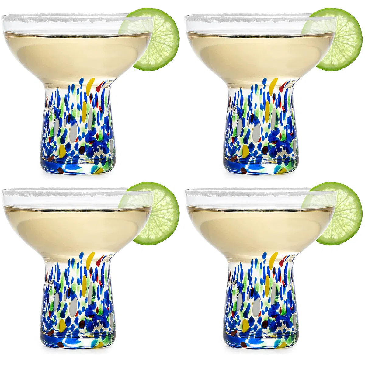 Margarita-Glas ohne Stiel – 4er Set – luxuriöses mundgeblasenes Konfetti Margaritas, für Cocktails, Wasser, Wein, Dessert, Cinco de Mayo, mundgeblasenes Glas – mexikanisches Konfetti-Design