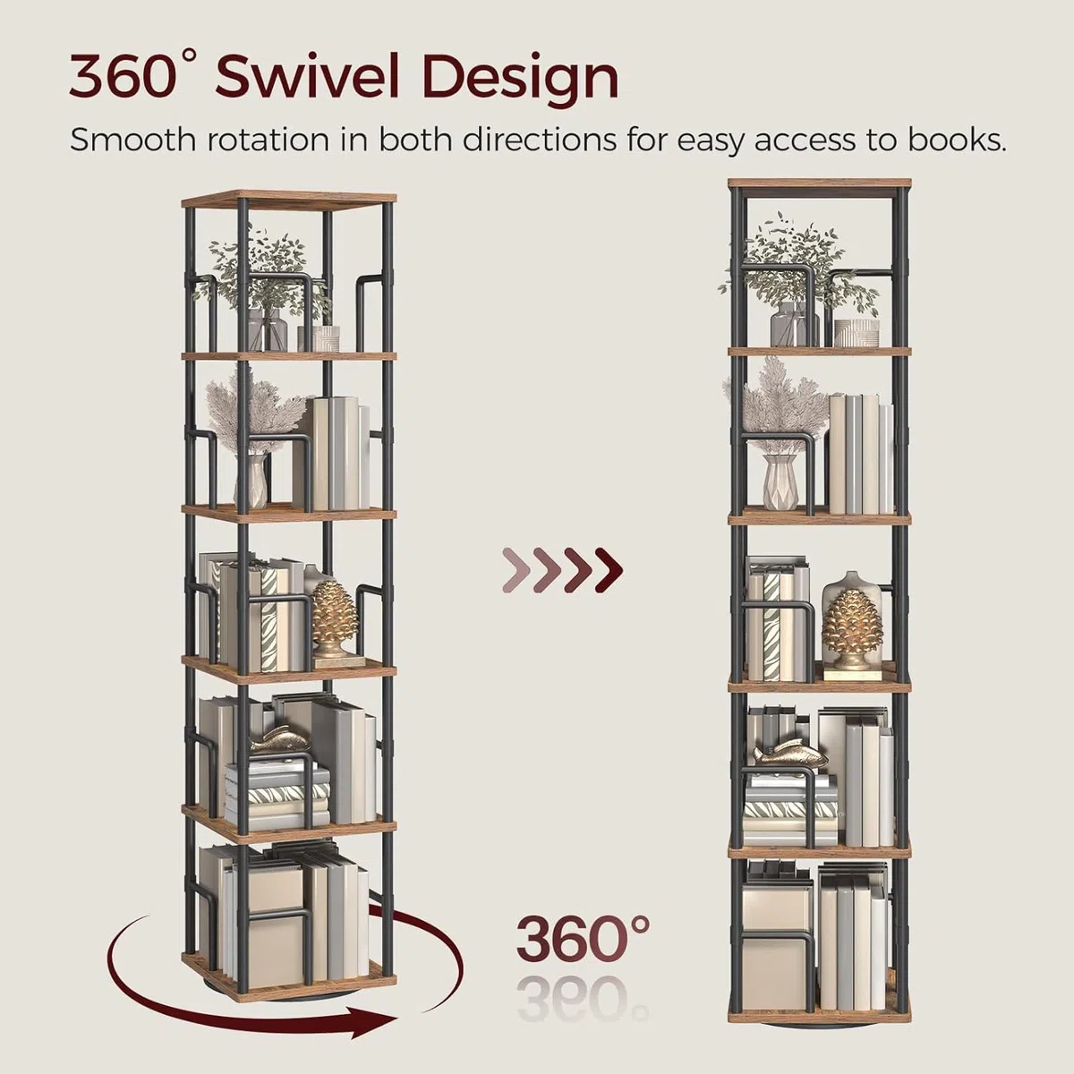 MAHANCRIS Bücherregal mit 5 Ebenen, Drehregal Regal mit Buchstützen, 30 x 30 x 158,7 cm, Standregal für Kleine Räume, Industrie-Design, für Wohnzimmer, Schlafzimmer, Braun und Schwarz ABKHR1601
