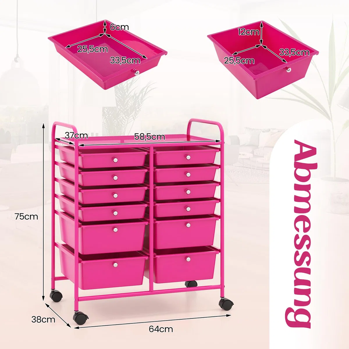 GOPLUS Rollwagen Schubladenwagen, Rollcontainer mit 12 stapelbaren Schubladen, Haushaltwagen auf Rollen mit Bremsen, Badtrolley Badregal, Aufbewahrungswagen für Heim und Büro (Hot Pink)