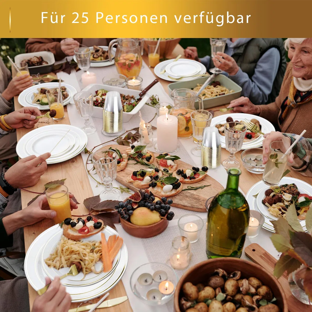 150 Stück wiederverwendbares goldfarbenes Kunststoff-Set, 25 flache Teller, 25 Salatteller, 25 Messer, 25 Gabeln, 25 Löffel, 25 Tassen, für Hochzeit, Garten, Party