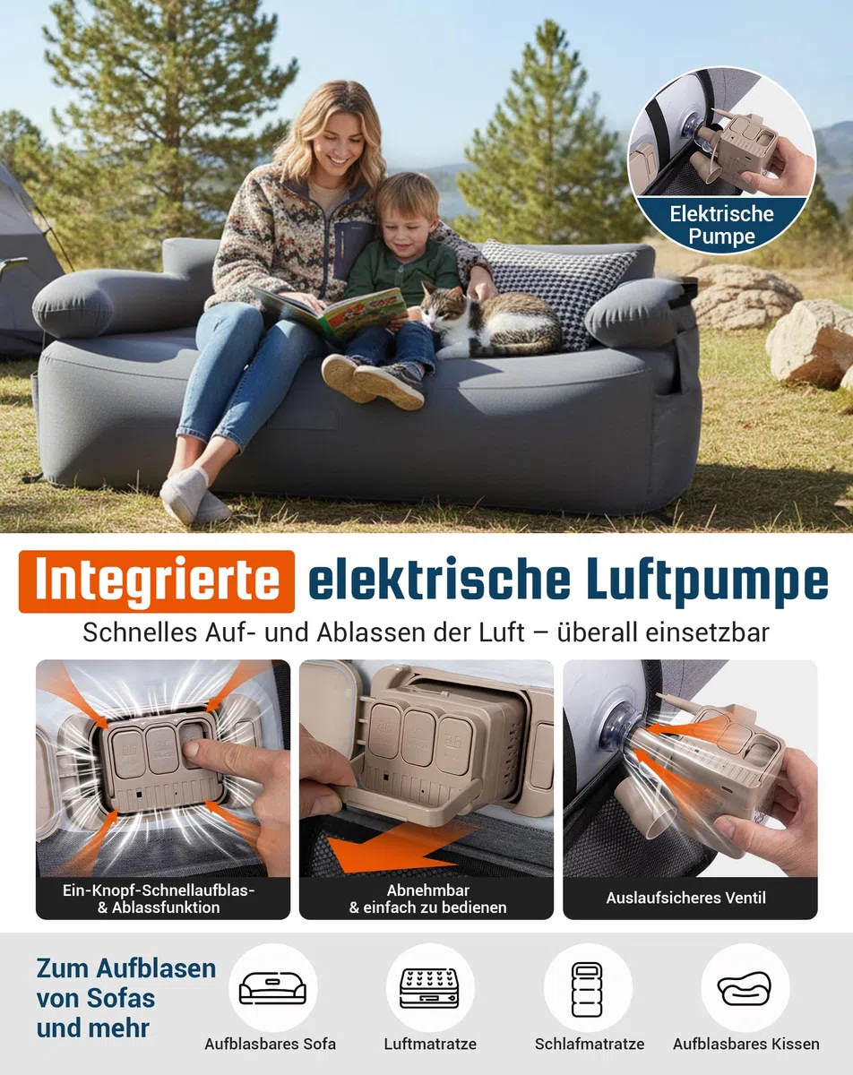KingCamp Aufblasbares Sofa Camping mit Elektropumpe, 400 kg Belastbar Luftsofa Outdoor, Tragbarer Doppel Camping Couch Aufblasbar, Wasserdichtes Luft Sofa für 2 Personen, Reisen Strand Garten, Grau