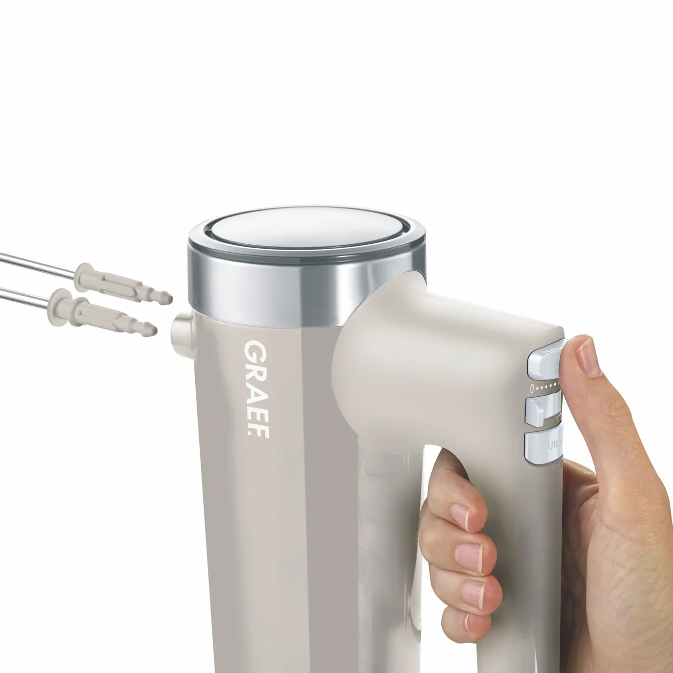GRAEF Handmixer HM508 Taupe, 7 Geschwindigkeitsstufen Turbo-Taste, Leise im Betrieb, Auswurftaste – Handrührgerät, Extrahohe Knethaken auch für tiefe Schüsseln