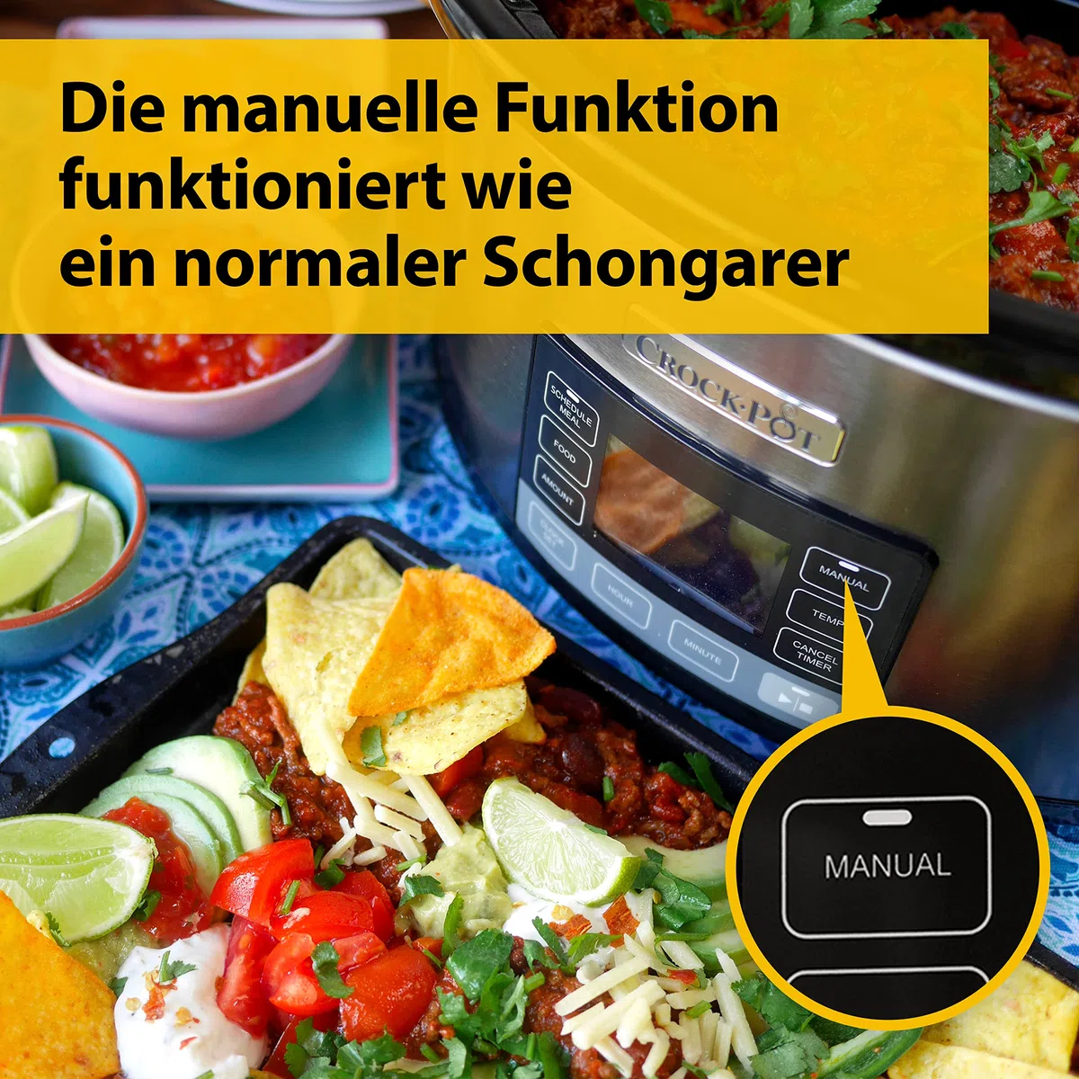 Crockpot TimeSelect digitaler Schongarer | 5,6 l (7+ Personen) | mit programmierbarem Timer und digitaler Anzeige | Warmhaltefunktion | Edelstahl [CSC066X]