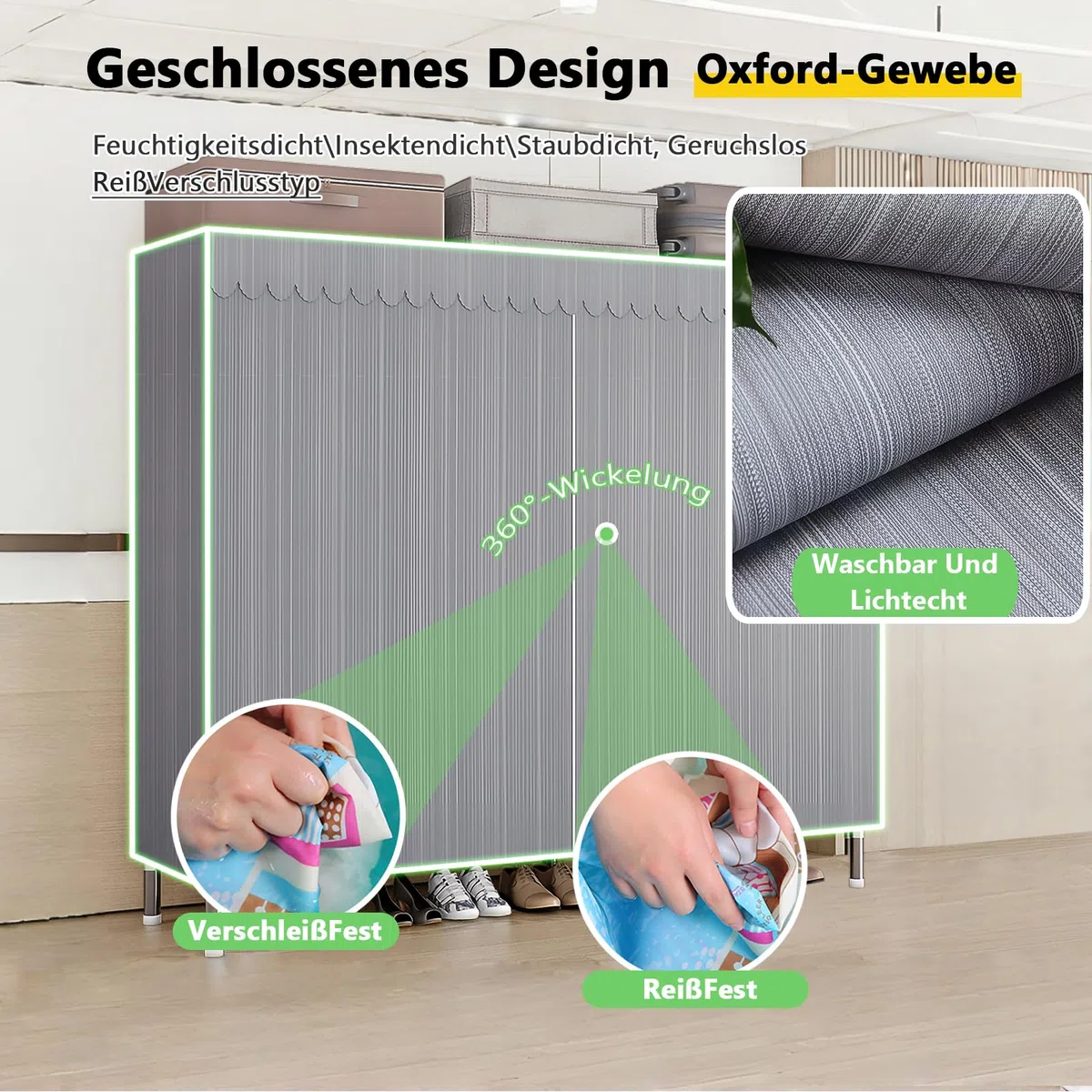 Kleiderschrank Stoffschrank Stabil, Stoff Faltschrank Für Schlafzimmer Mit Kleiderstange & Ablagen, Ankleidezimmer Garderobe Mit Kleiderständer 126x46x173cm Graue Streifen