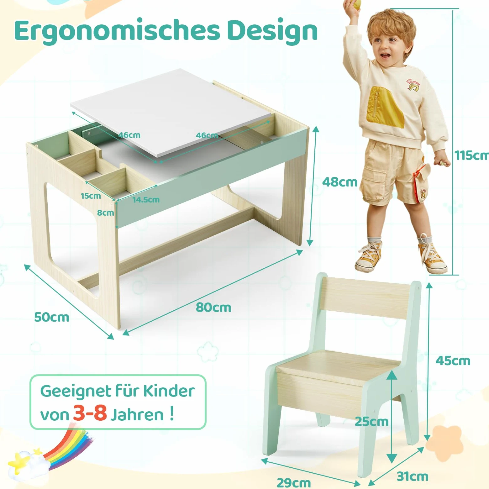 MAMIZO Kindersitzgruppe mit Stauraum, Kindertisch mit 2 PCS Stühlen, Kinder Tisch Stuhl Set mit wendbarer Tischplatte, Kinderschreibtisch für Kinderzimmer Kindertagesstätte,ab 3+, Holzfarbe mit Grün