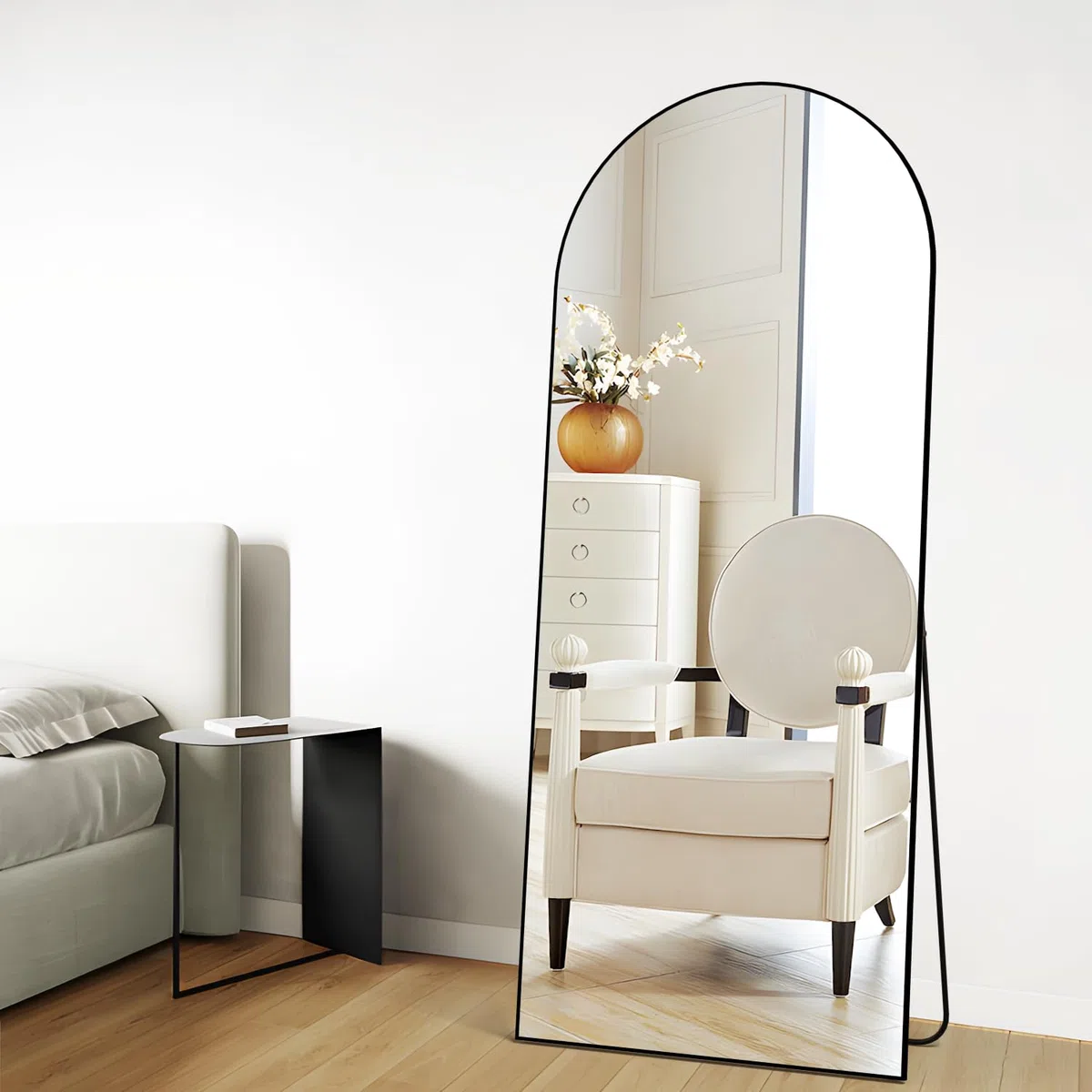 165 x 60 cm gewölbter Bodenspiegel, Ganzkörper-Wandspiegel mit Aluminiumrahmen, gewölbter Oberseite, zum Aufhängen oder Anlehnen, Ankleidespiegel für Schlafzimmer, Wohnzimmer, Schwarz