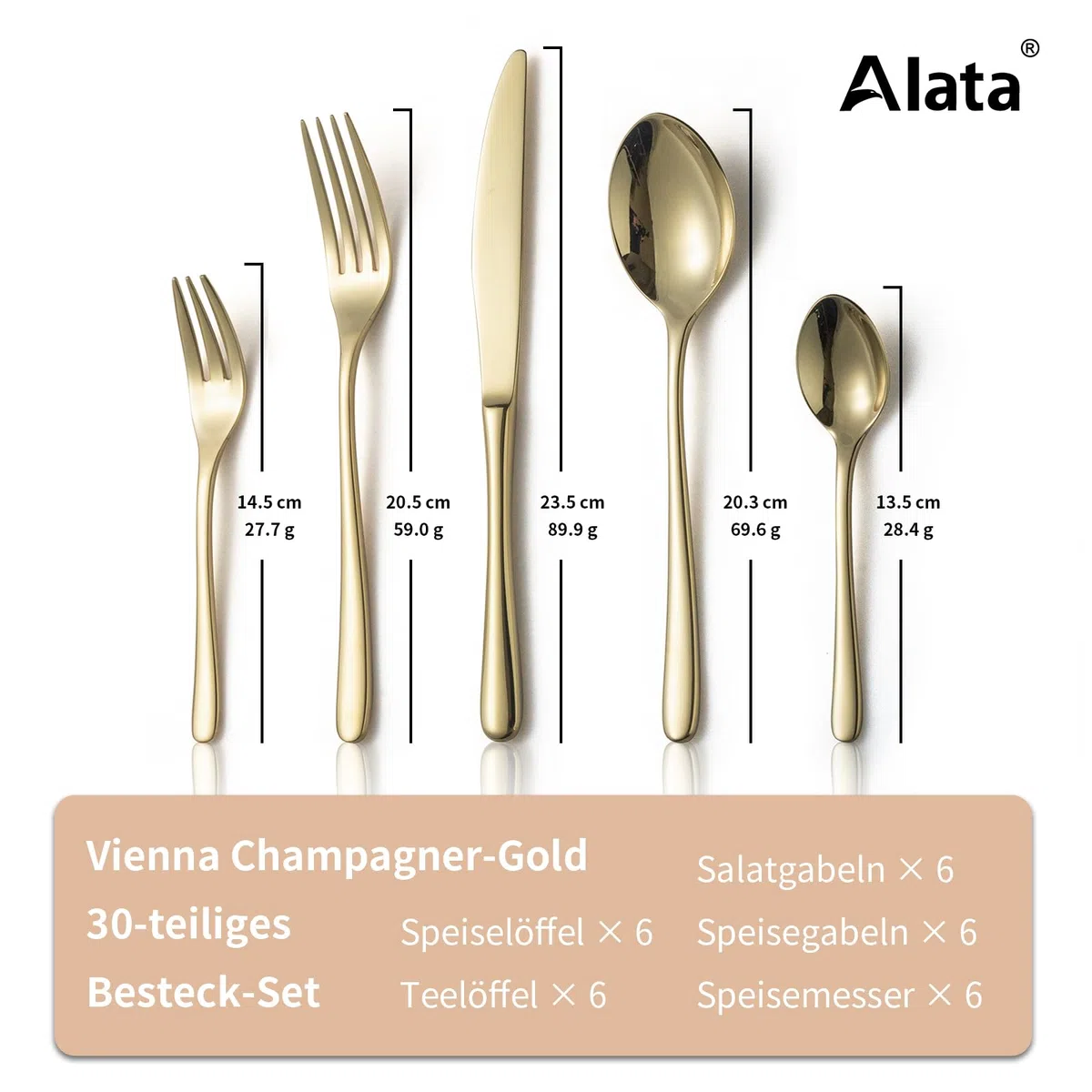 Alata Vienna 18/10 Edelstahl Poliert, Besteck Set 6 Personen Champagner Gold, Essbesteck 30 teilig, Glänzend, Spülmaschinenfest