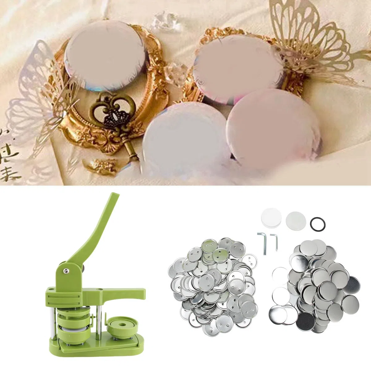 Pissente Knopfherstellungsmaschine, 58mm Abzeichen-Stanzpresse mit 100 Abdeckungen, Clips, Folien und Papieren für DIY Personalisierte Geschenke
