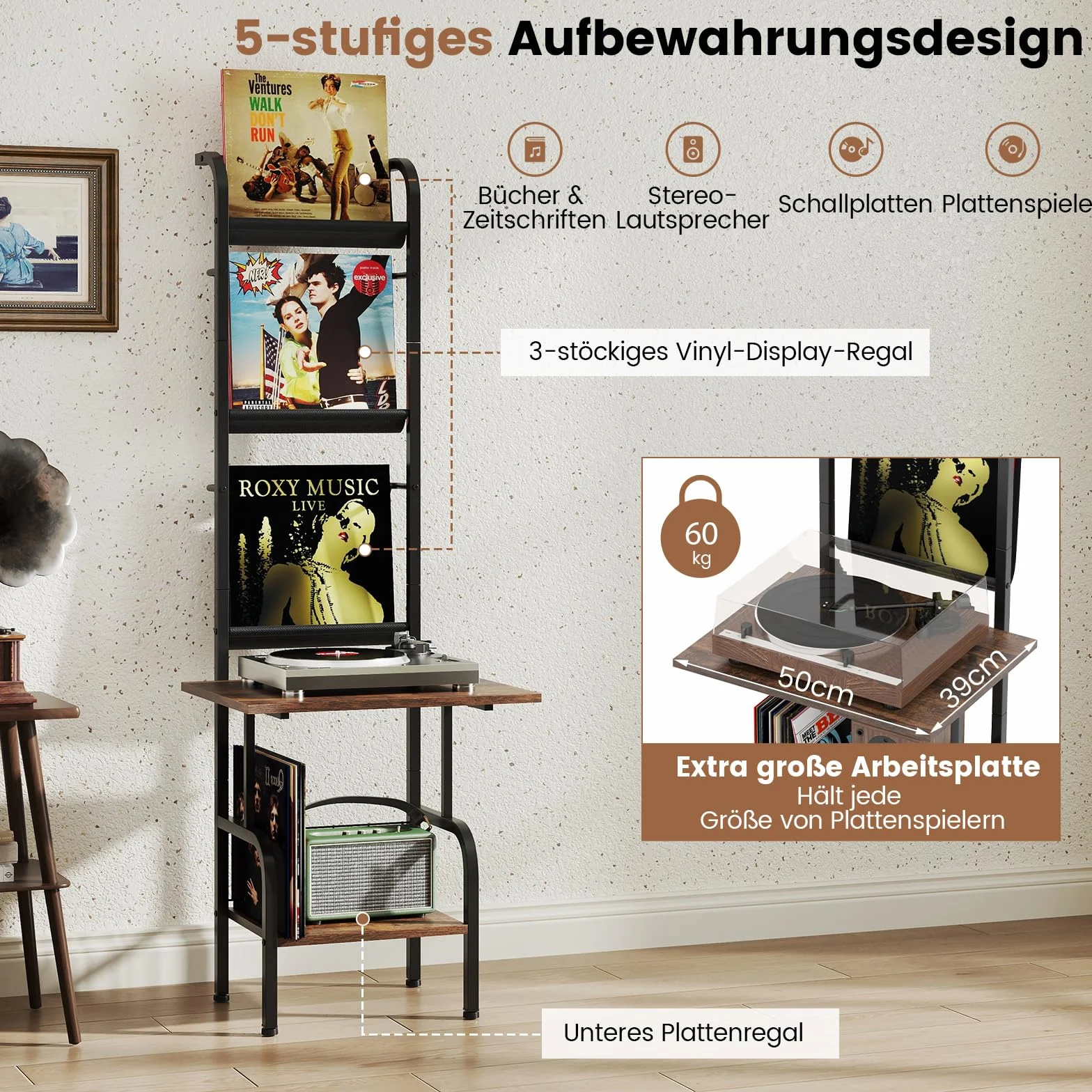COSTWAY 5-stöckiger Plattenspielerständer mit Vinyl-Ausstellungsregal, Schallplattenständer Plattenhalter, Vinyl-Schallplatten Plattenspieler Regal für Alben CDs 50 x 51 x 145 cm (Kaffee)