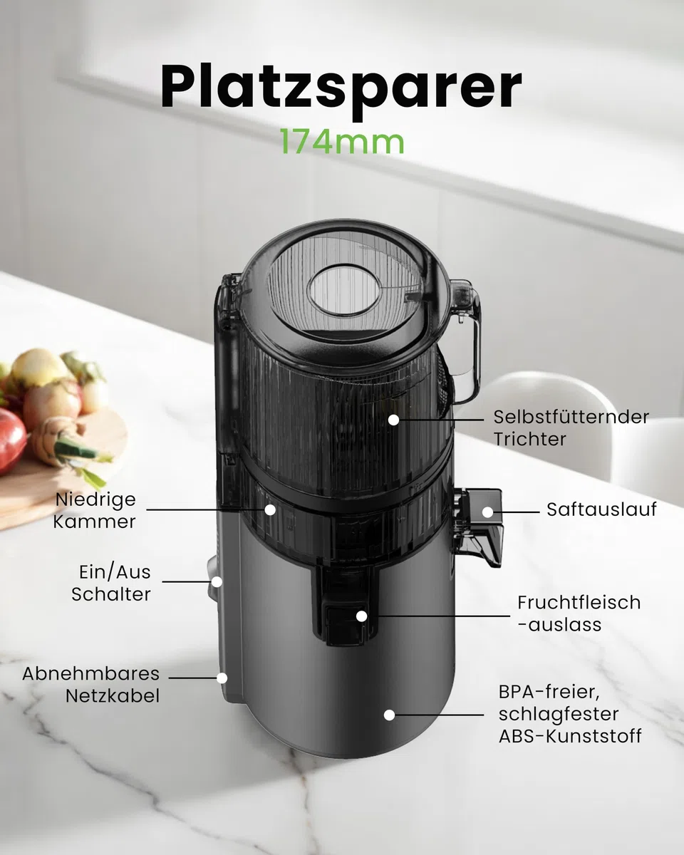 Hurom H70FT Neuer Slow Juicer | Elektrische Kaltpresse | Entsafter für Gemüse & Obst | 1.8L Kapazität | Automatische Entsaftungsfunktion | BPA-frei | 15 Jahre Garantie | 150W | Titangrau