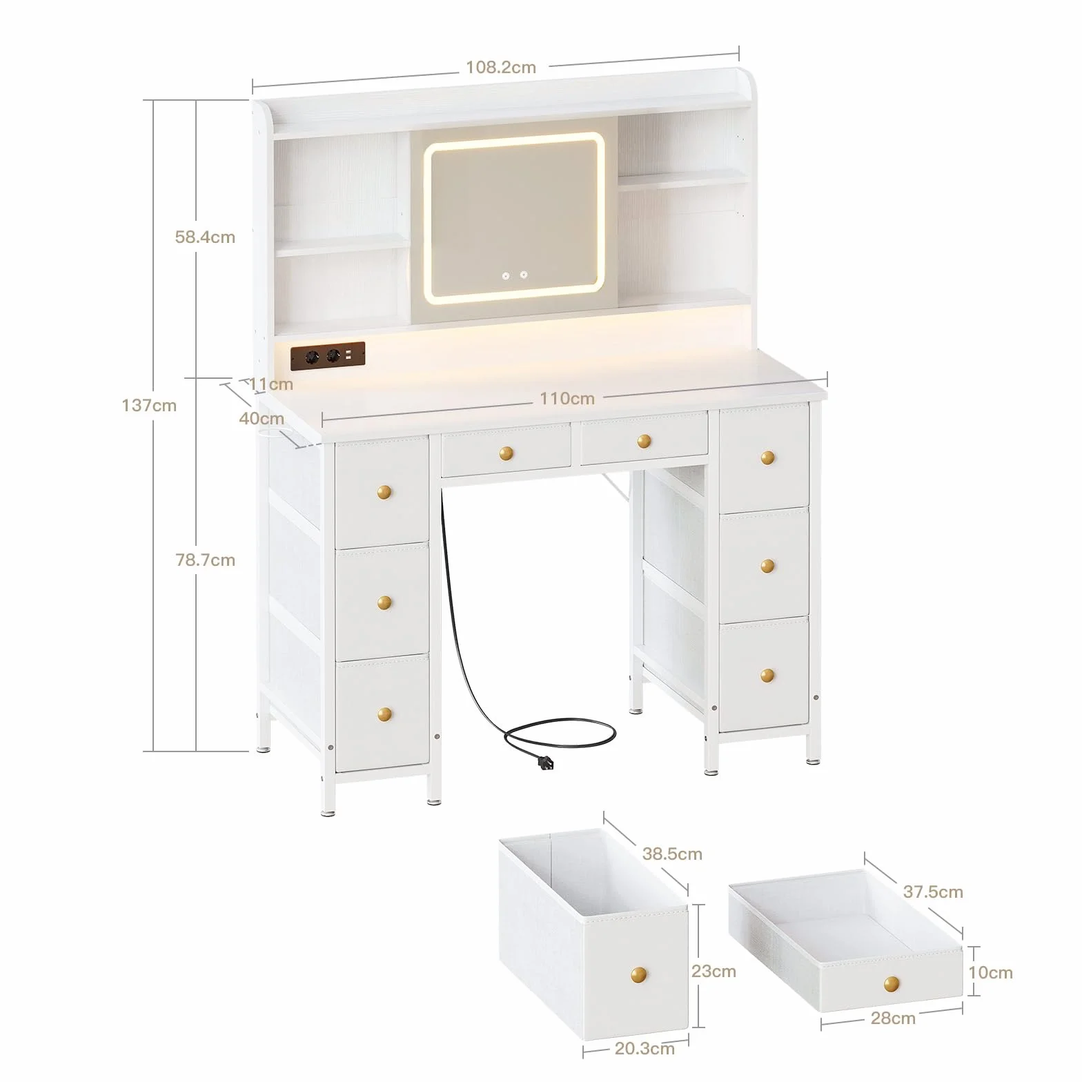 ODK Schminktisch mit Bewegbarem LED-Spiegel, Eingebauten USB-Steckdosen & RGB-Lichtleiste, 8 Schubladen, Weißer Schminktisch 110×40×137cm
