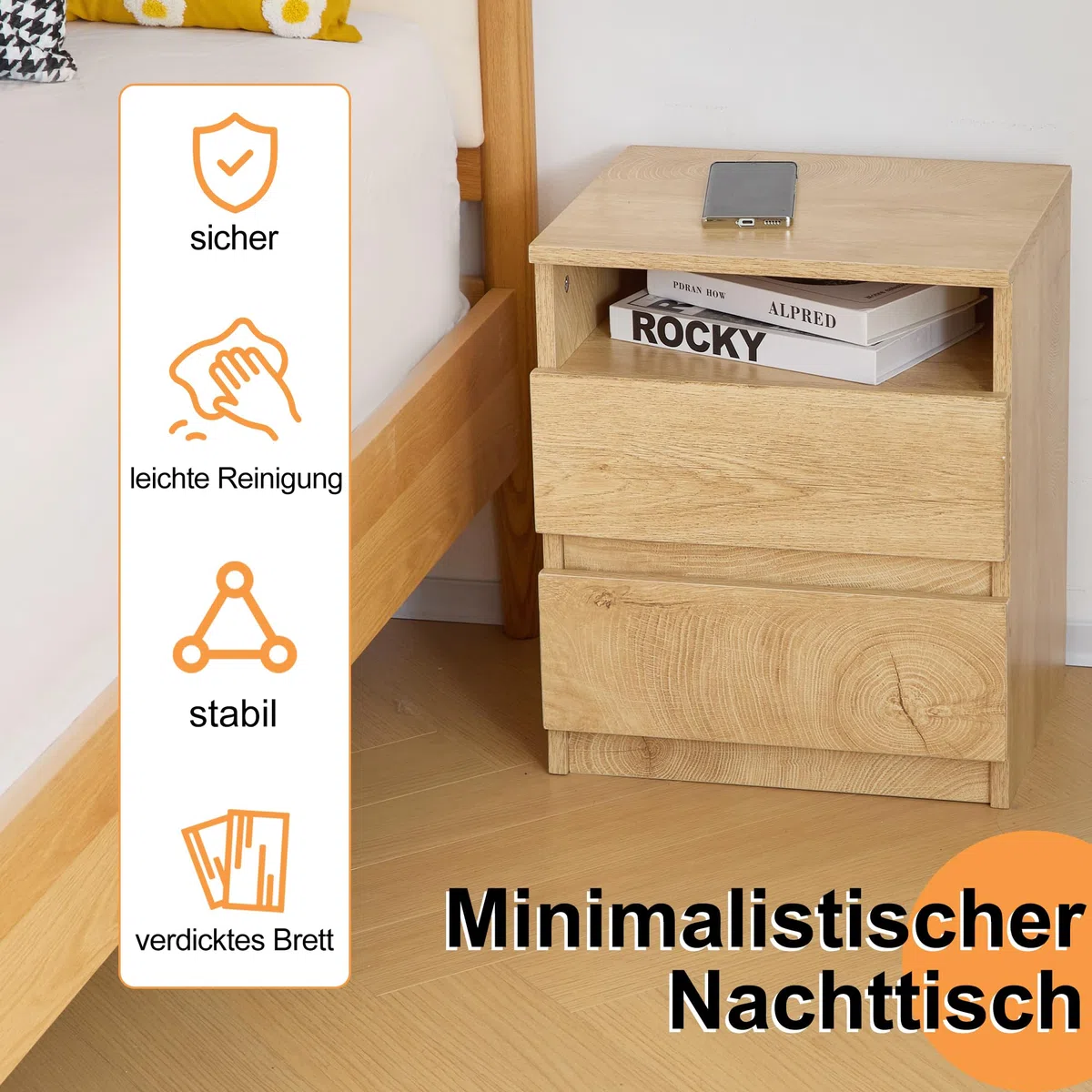 Mingone 2er-Set Nachttische mit 2 Schubladen,Nachtschrank aus Holz,Beistelltisch mit Stauraum Holzfarben für Wohnzimmer, Schlafzimmer
