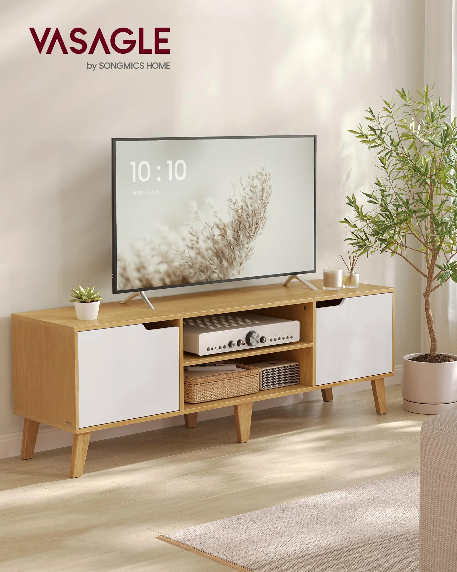 VASAGLE TV-Schrank, Lowboard, Fernsehschrank mit Verstellbarer Ablage, für Fernseher bis zu 65 Zoll, 147 cm lang, Übergangsstil, Fernsehtisch, Wohnzimmer, natureichenfarben-cremeweiß LTV556Y01
