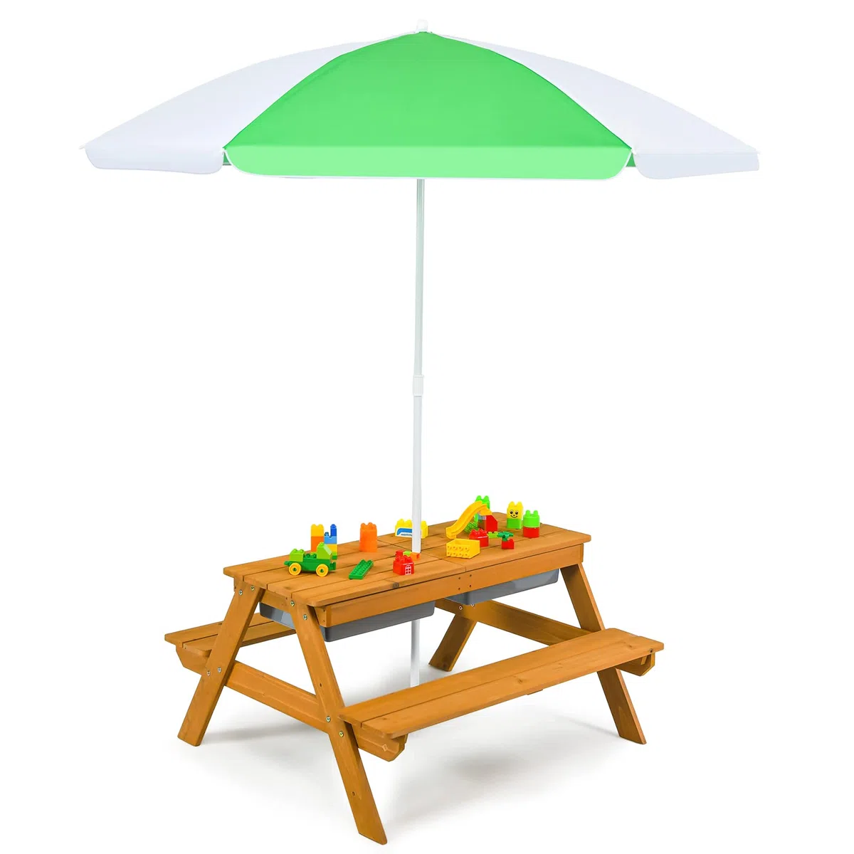 COSTWAY 3 in 1 Kinder Picknicktisch, Gartentisch mit Sonnenschirm & Bänke, Kindersitzgruppe Outdoor aus Holz mit Abnehmbarer Tischplatte & 2 Spielboxen für Garten, Hinterhof, Terrasse (Weiß+Grün)
