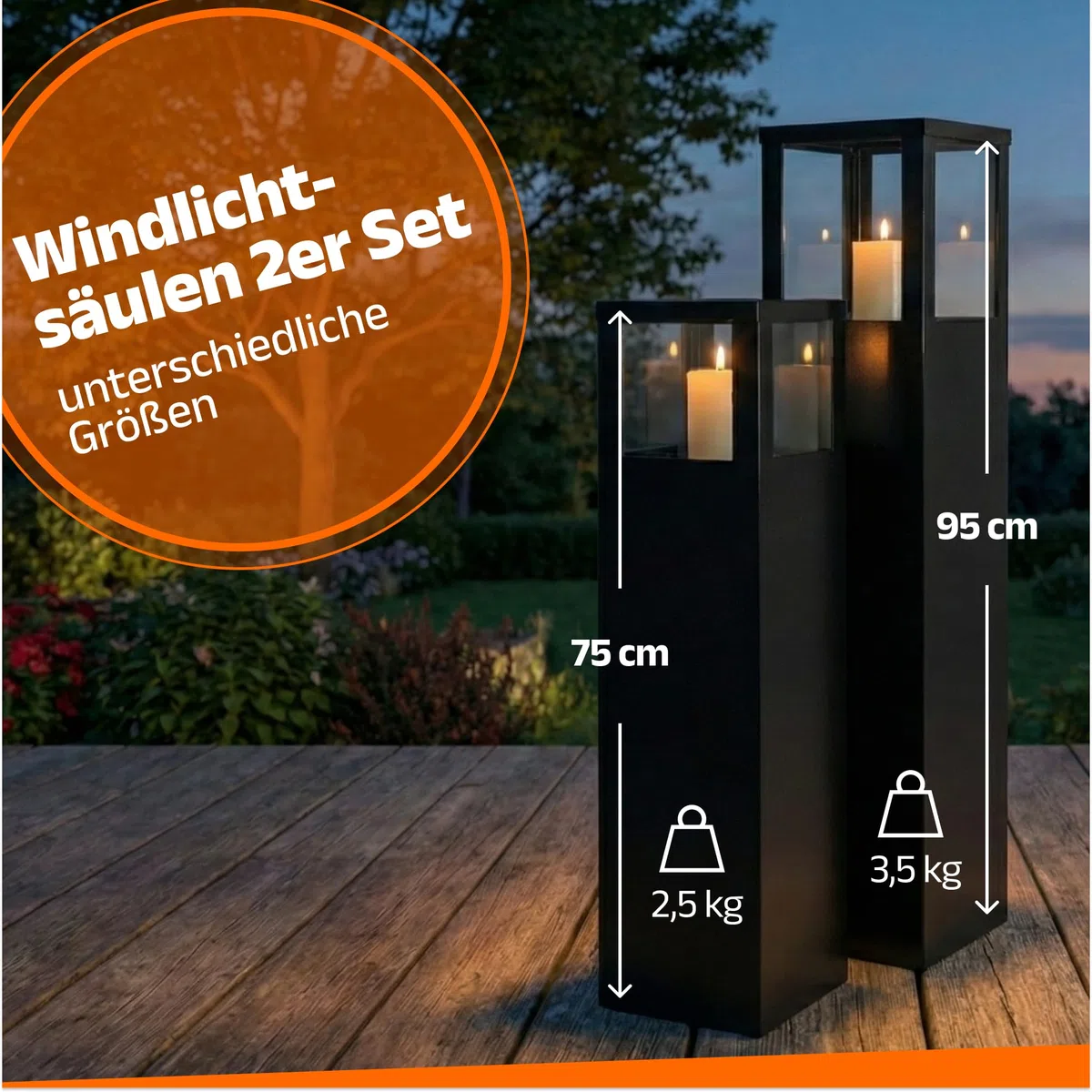 BENTSON Windlichtsäule Anthrazit Design I 2er Set I Deko-Säule für Garten im Industrial Design I Garten Windlicht für draußen und drinnen I Laterne draußen I Eckig I 95cm + 75cm
