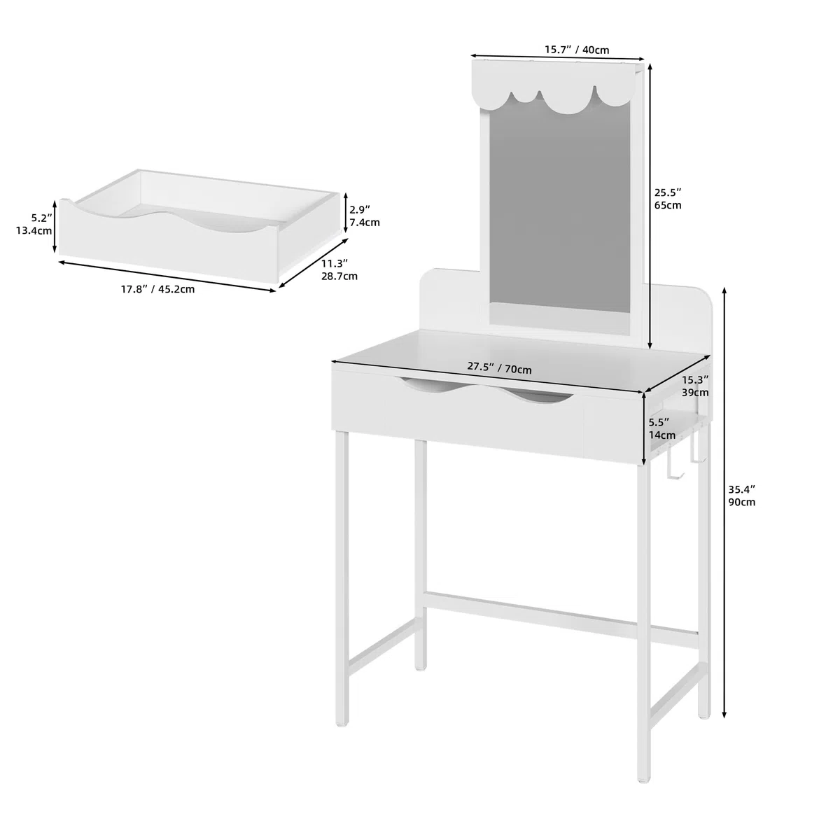 Schminktisch mit Beleuchtung,Stoffschubladen Frisiertisch mit Spiegel Schubladen Einstellbarer Helligkeit,Schminktische mit Türen, Make up Tisch mit Schmuckablage Verstellbaren Ablagen,Holzfarbe