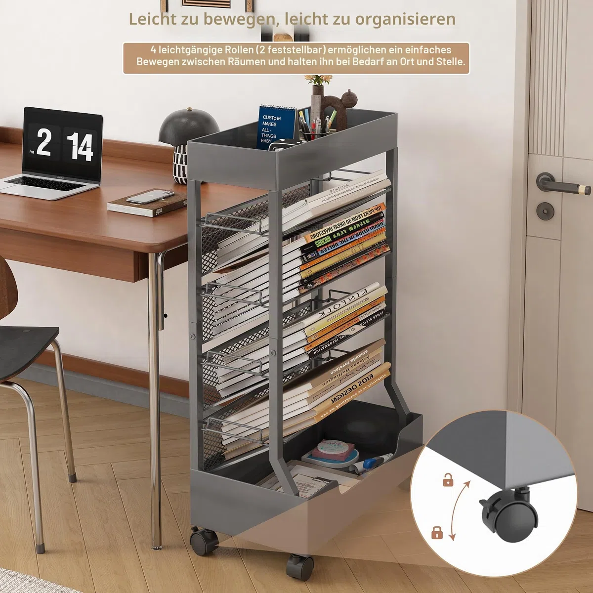 UMDONX Moderner, mobiler Buchwagen, einseitig, rollbares Bücherregal mit Metallplatte und Boden, hochwertige Einrastregale, robuste und elegante Aufbewahrung für Zuhause, Arbeitszimmer, Büro