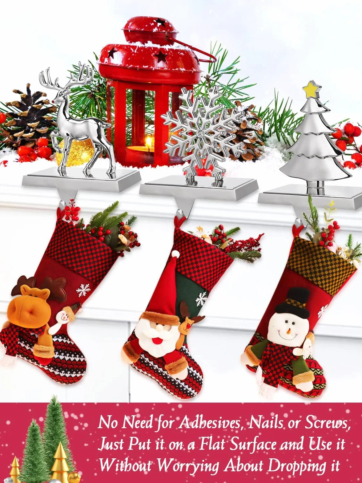 EBANKU 4 Pack Weihnachtsstrumpf Halter, Weihnachtsstrumpf Aufhänger Kaminhaken Rutschfest Nikolausstiefel Halter Hängen Strümpfe Aufhänger für Kamin Weihnachten Dekoration