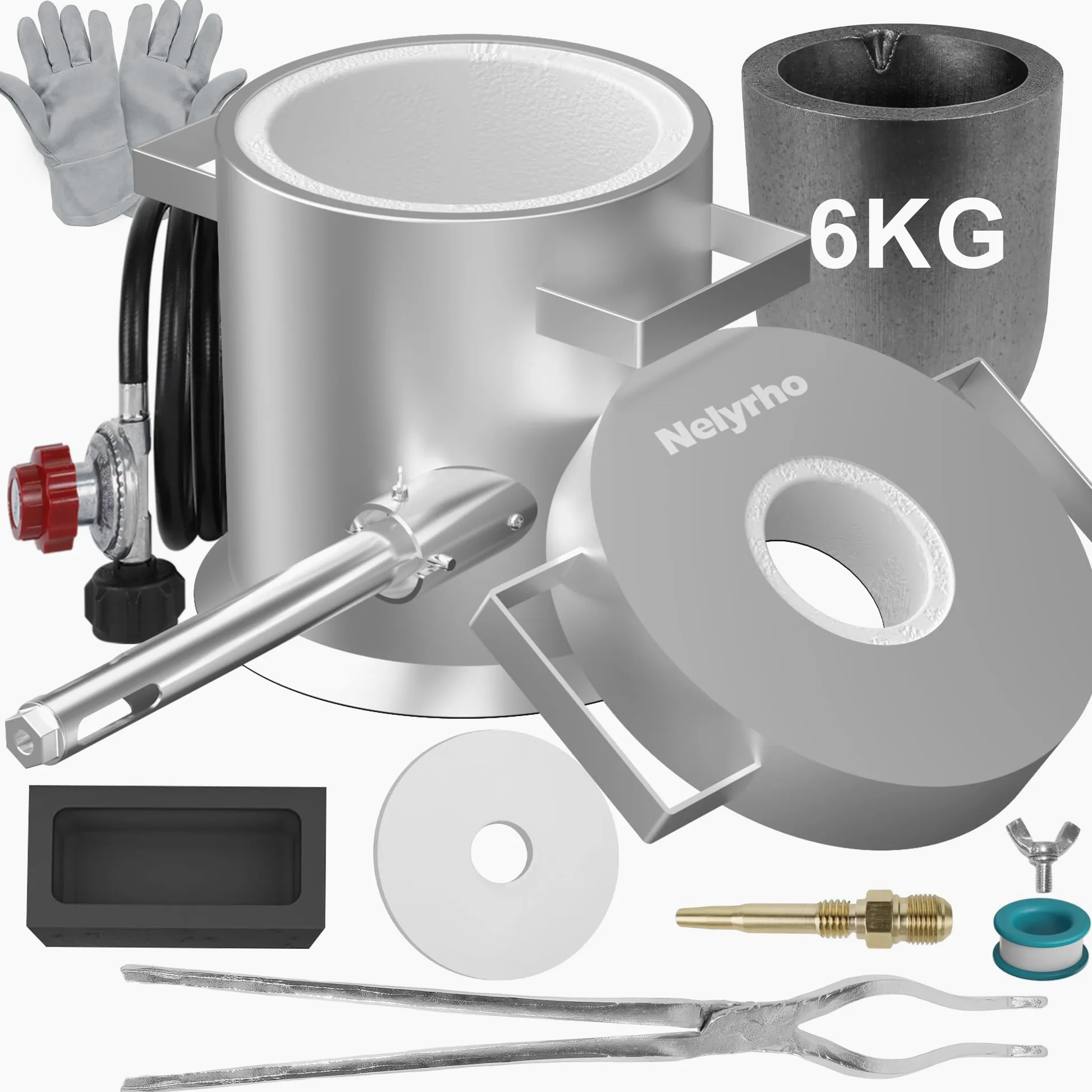 Nelyrho Schmelzofen-Set, 6 kg, Edelstahl-Gießerei mit Tiegel, Tiegelzange, Handschuhen, ideal zum Schmelzen von Gold, Silber, Kupfer und Aluminium, Metall-Recycling-Gusswerkzeug