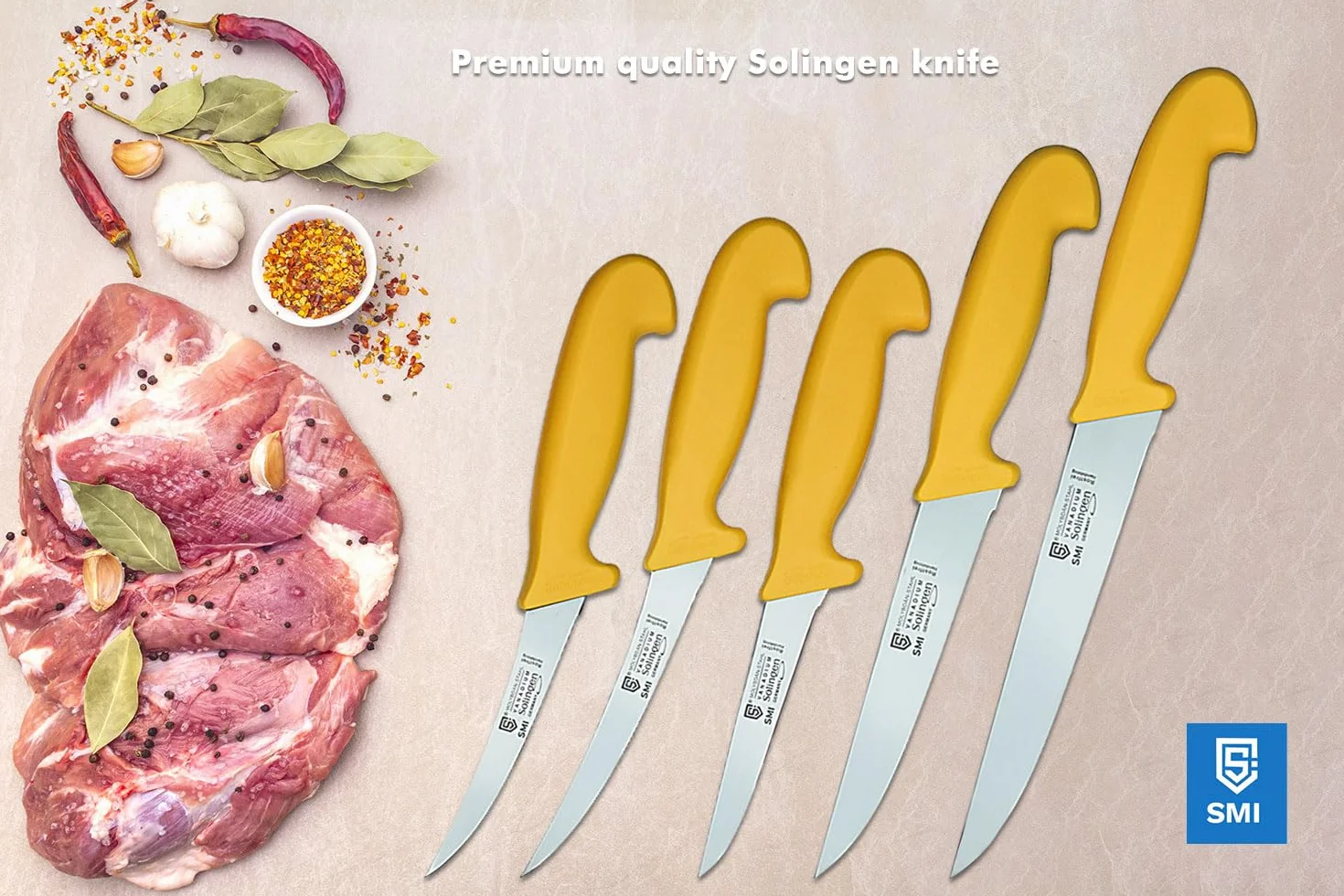 SMI 5 Stück Metzgermesser Set Solingen – Kochmesser, Küchenmesser, Fleischermesser & Ausbeinmesser, Schlachtermesser Set, Deutscher Molybdän Stahl 1.4116, Made in Solingen Germany