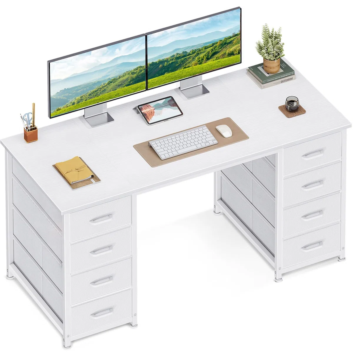 Coleshome Schreibtisch Mit 8 Stoff Schubladen, 120x48cm Schreibtisch Weiß Mit Stauraum Computertisch Vielseitg, Bürotisch PC Tisch Officetisch Für Büro, Wohnzimmer, Home Office
