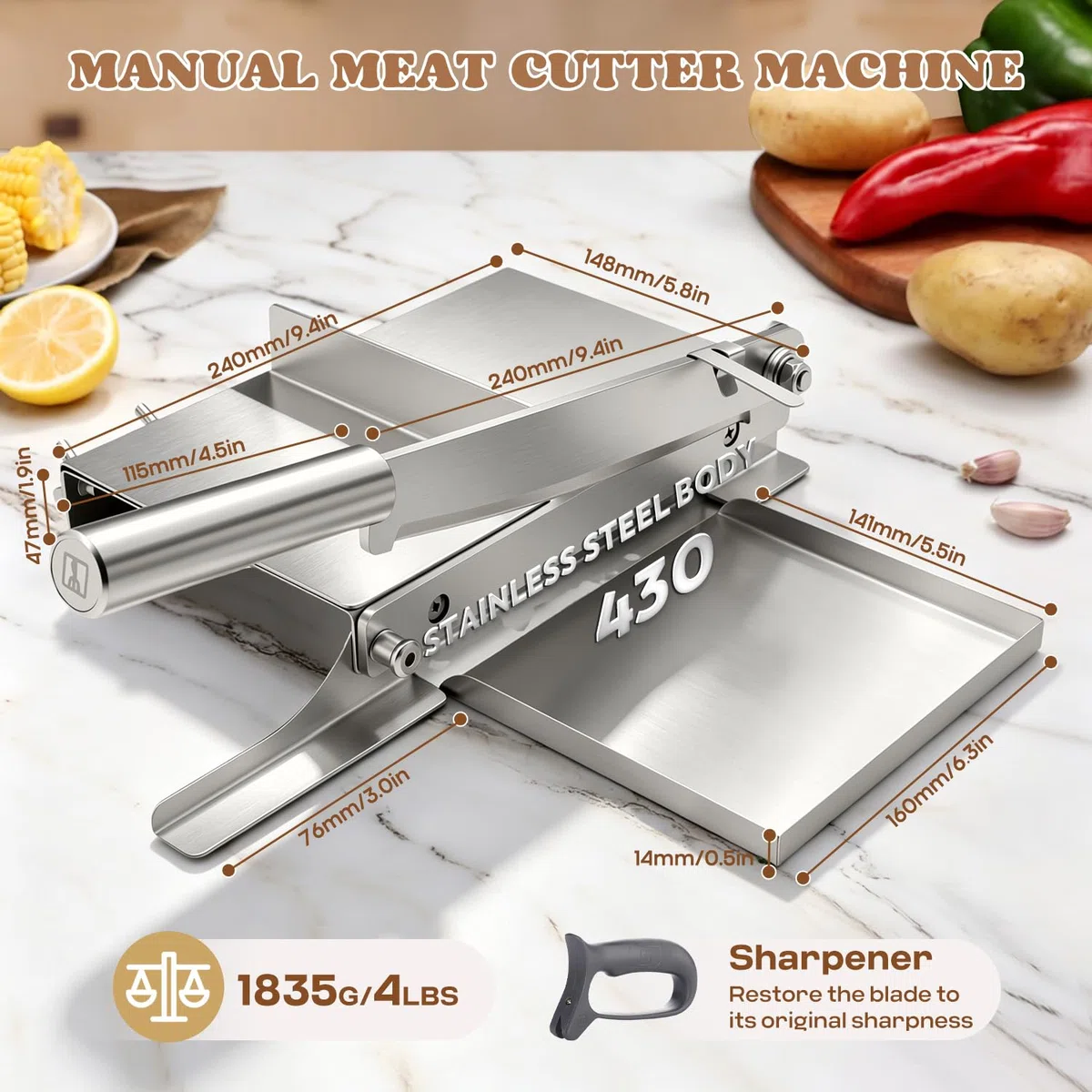 Moongiantgo Manueller Fleischschneider Handbuch Rippen Fleischschneider Biltong Slicer mit Abnehmbarer Skala, 190mm Klingenlänge für Kräuter Ginseng Nougat Speck Schinken Gemüse Delikatessen (KD0270)