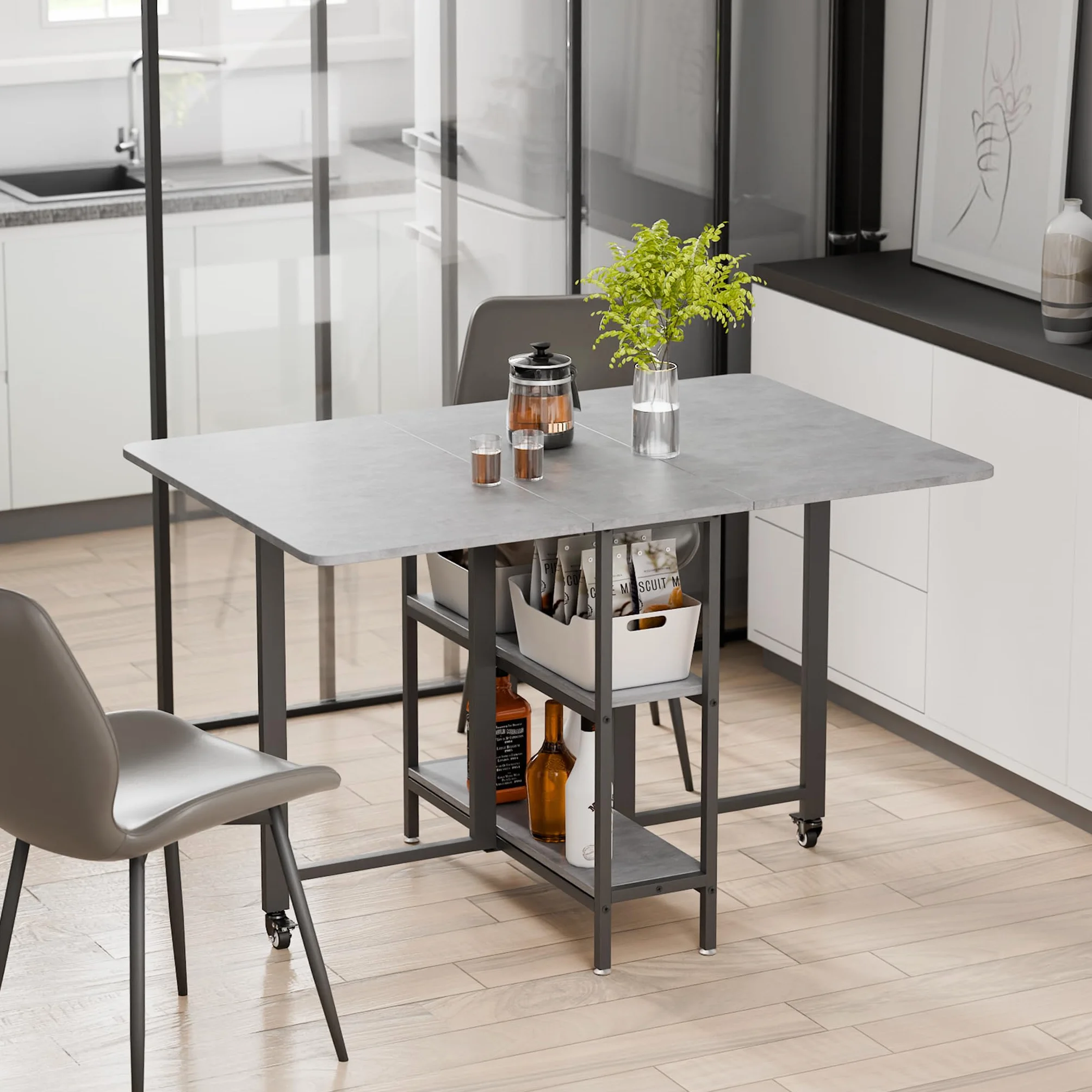 Mondeer Mobiler Klappbarer Esstisch, Klapptisch mit 2 Offenen Ablagen für Kleine Räume Esszimmer Küche, 120 x 80 x 75 cm, Grau