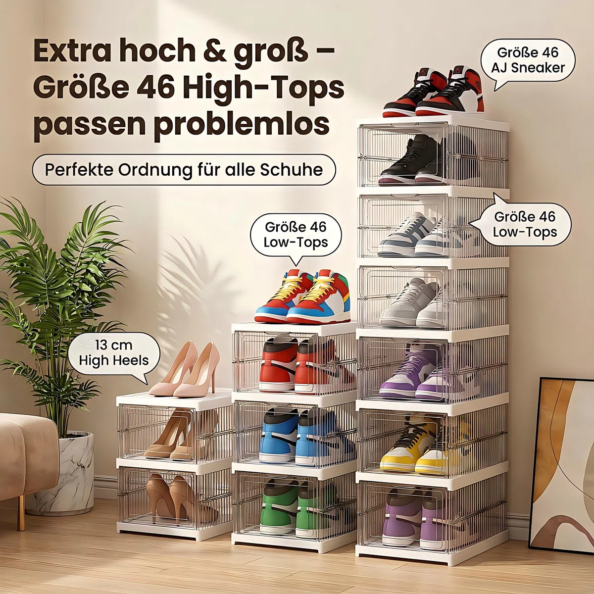 Schuhboxen Stapelbar, 24 Ebenen, Transparent, Faltbar, Dickem Kunststoff, für Sneaker bis Größe 46, Platzsparend, 1-Min Montage, Weiß