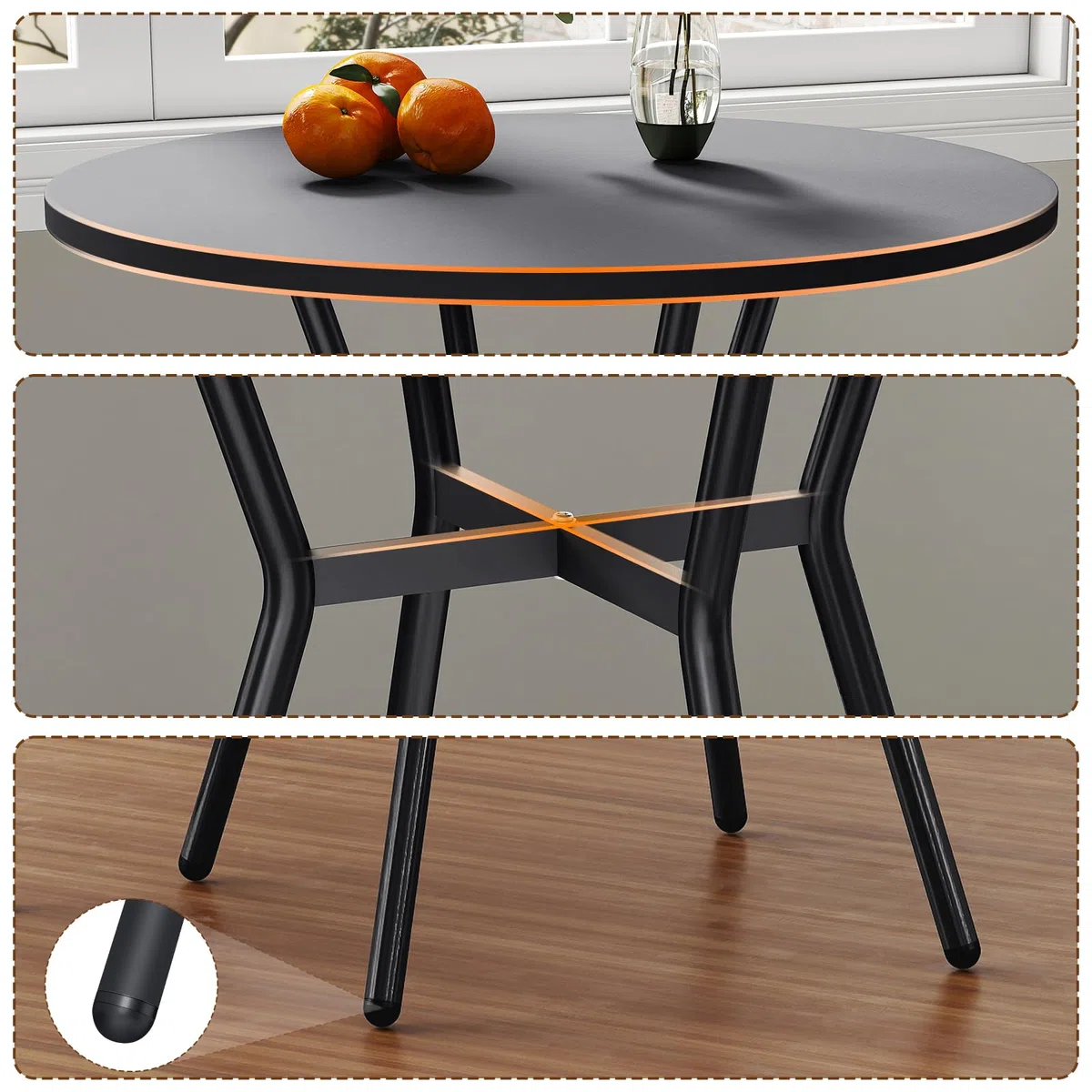JIJIAN Runder Esstisch für 2-4 Personen, Kleiner Küchentisch 80 x 80 x 75 cm, Metallbeine, ideal für kleine Wohnungen, Küche, Esszimmer, Balkone und Gärten, Schwarz