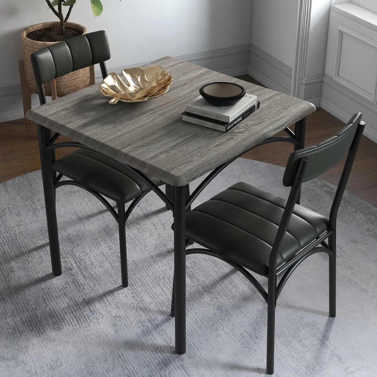 Esszimmertisch-Set 1 Tisch 2 Stühle, Küchentisch mit gepolsterten Stühlen, kompaktes Esstisch-Set aus Holz und Eisengestell, platzsparend, pflegeleicht, einfache Montage, Zementgrau