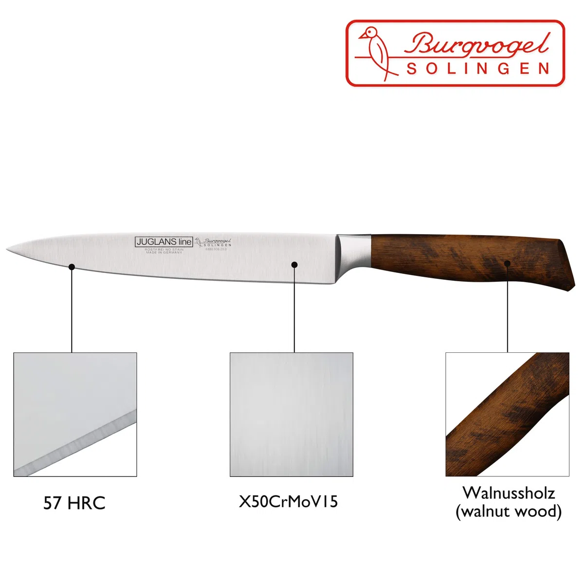 Burgvogel Solingen Juglans Line Tranchiermesser Walnussholz geschmiedet 20 cm, rostfrei, scharfes Schinkenmesser, dunkel, premium