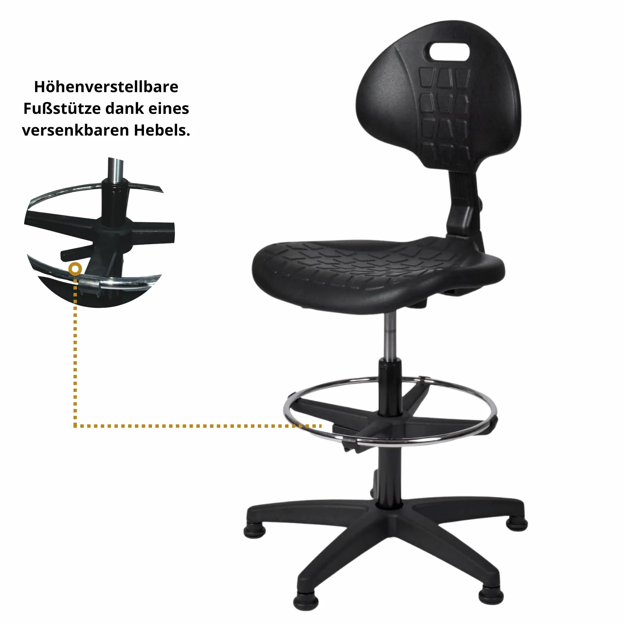 Topsit IND000112 Arbeitsstuhl aus Polyurethan, ergonomischer Arbeitsstuhl, Laborstuhl, höhenverstellbar und leicht zu reinigen, Stabiler Sockel mit Metallfußring und Füßen.