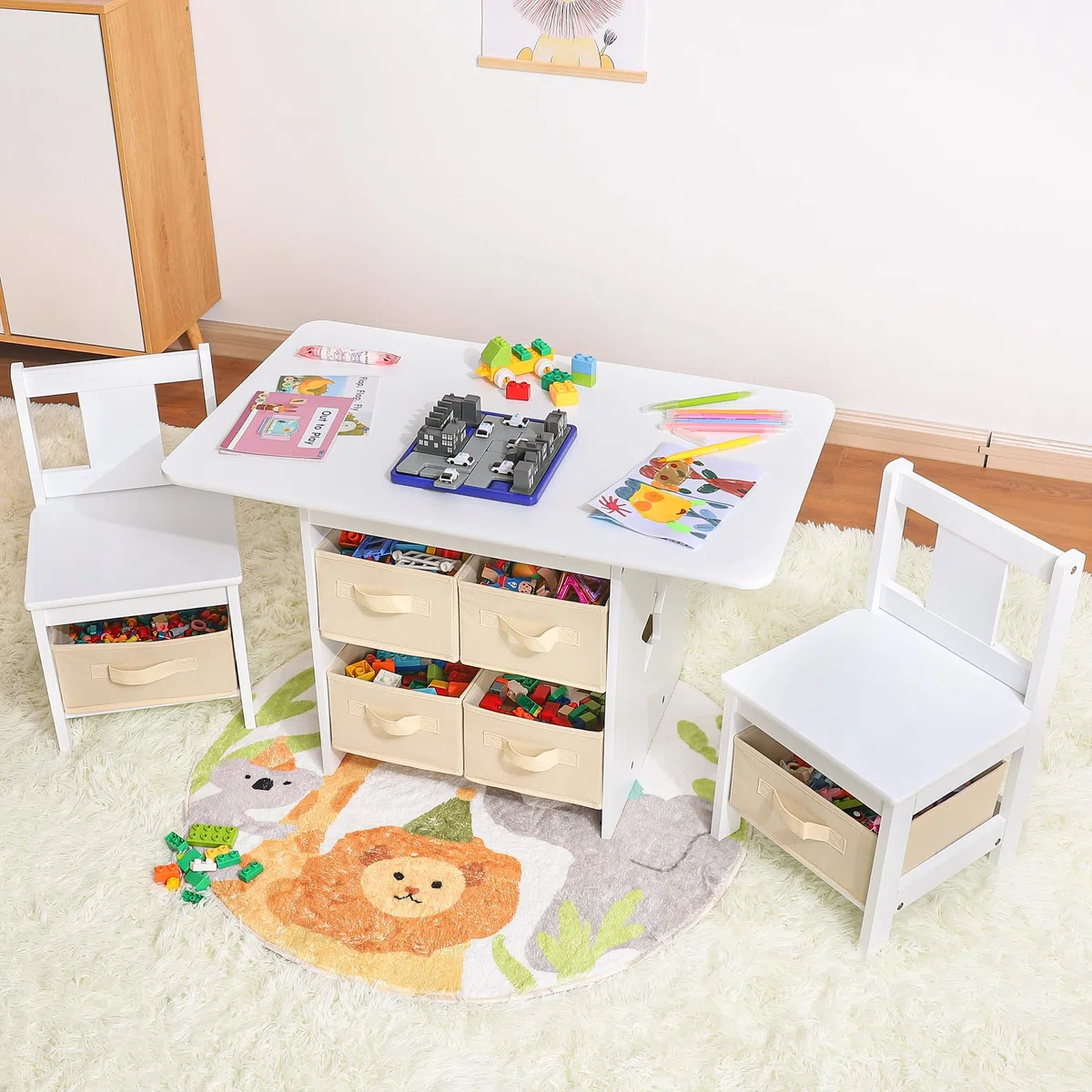 Yorbay Kindertisch mit 2 Stühlen Holz: 3 teilige Kindersitzgruppe mit Stauraum - Multifunktionaler Kinder Tisch Stuhl Set Sitzgruppe für ab 3 Jahre - Maltisch Spieltisch für Kinderzimmer