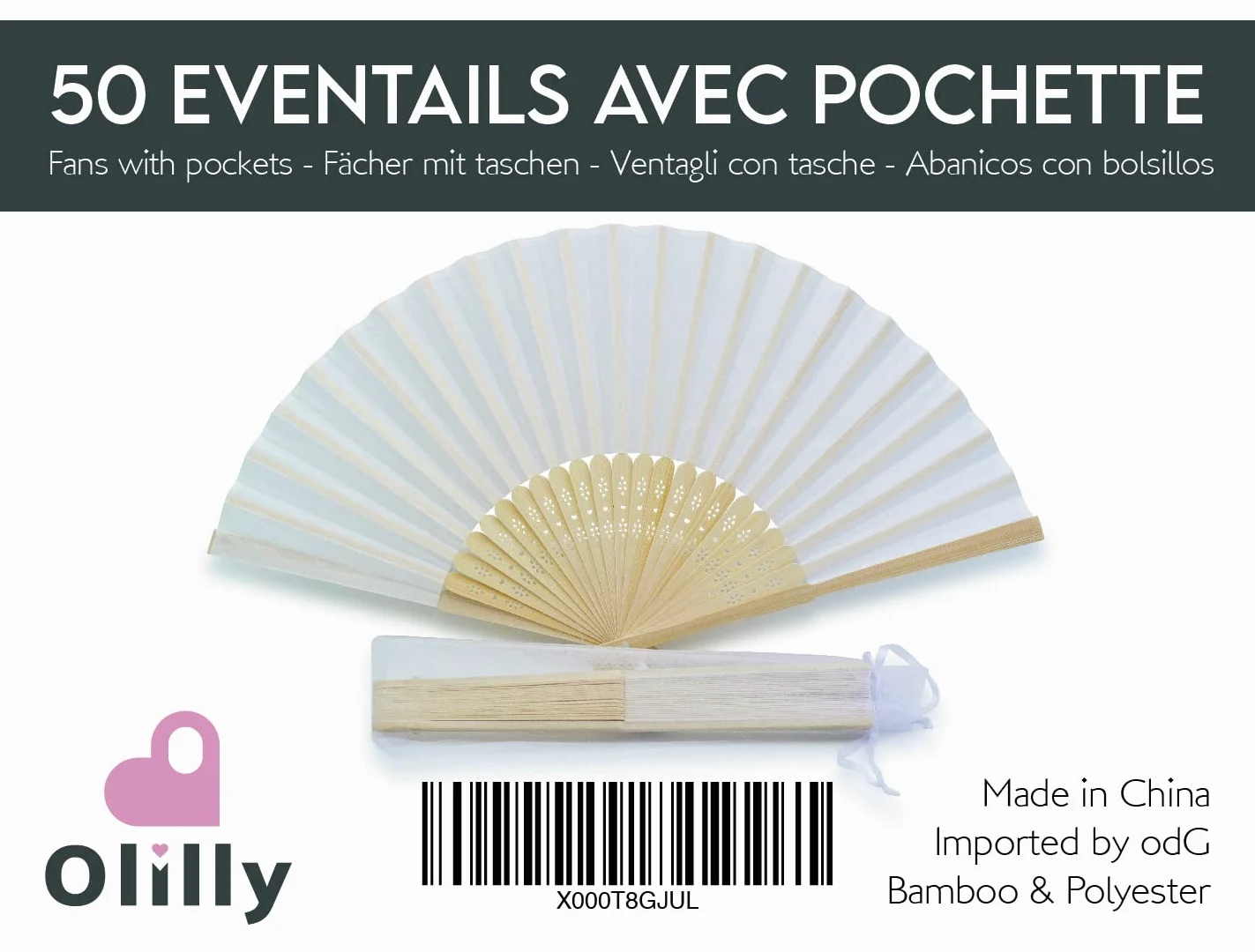 Olilly – 50 Seidenfächer für Hochzeit, Weiß + individuelle Organza-Beutel – Ihr Geschenk für die Gäste weiß