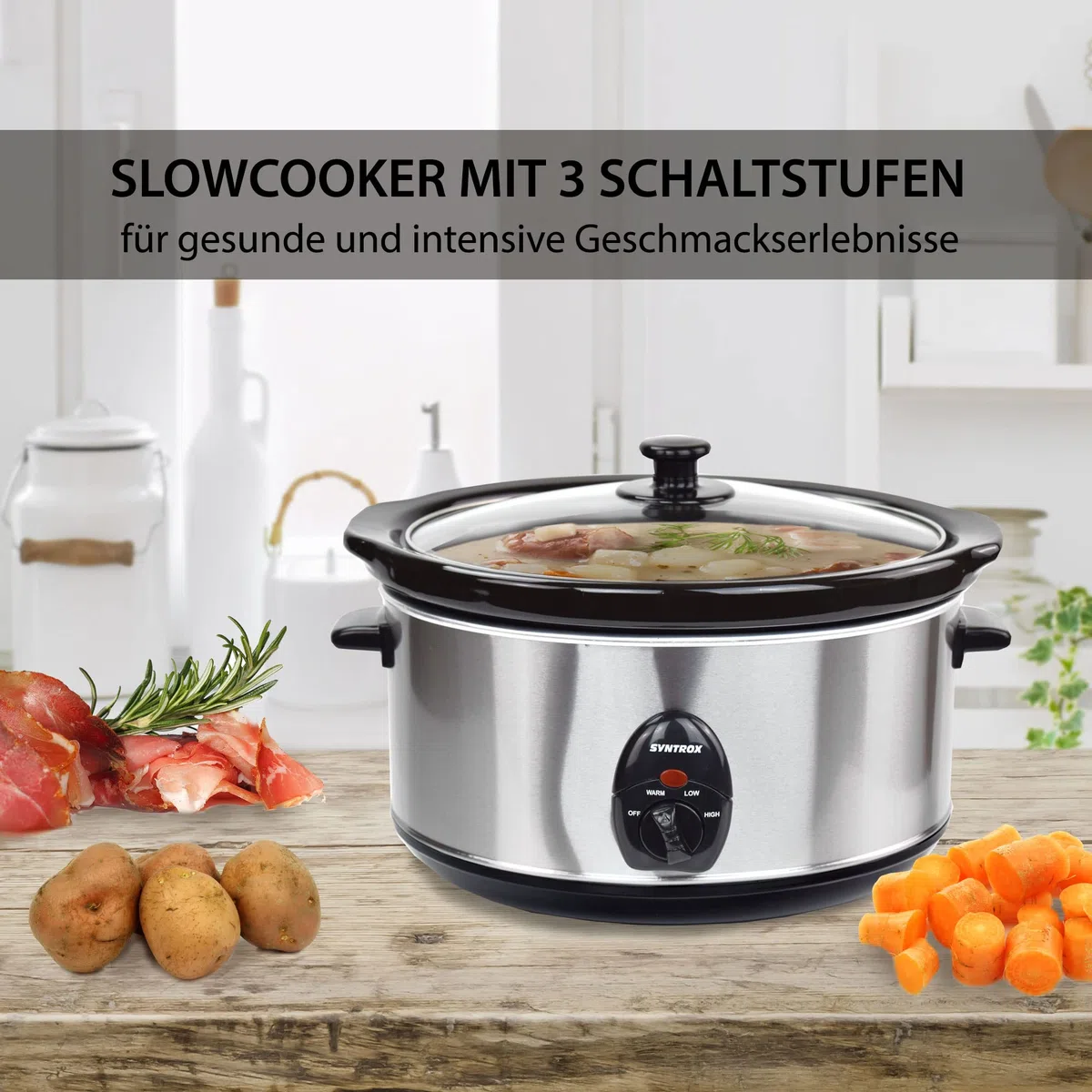 Syntrox Germany Slow Chef SC-450M_Deli Cooker Schongarer 4,5 Liter mit Warmhaltefunktion, Glasdeckel und robuster Keramikschüssel 280 Watt, Edelstahl