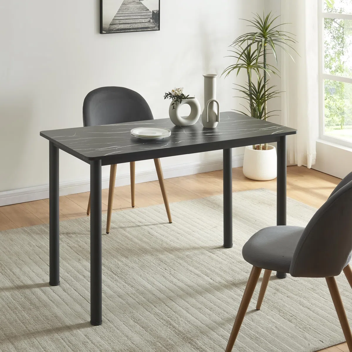 [en.casa] Esstisch Tammela Küchentisch für 4 Personen 120 x 60 cm Esszimmertisch rechteckige Tischplatte Stahlbeine Marmoroptik, schwarz