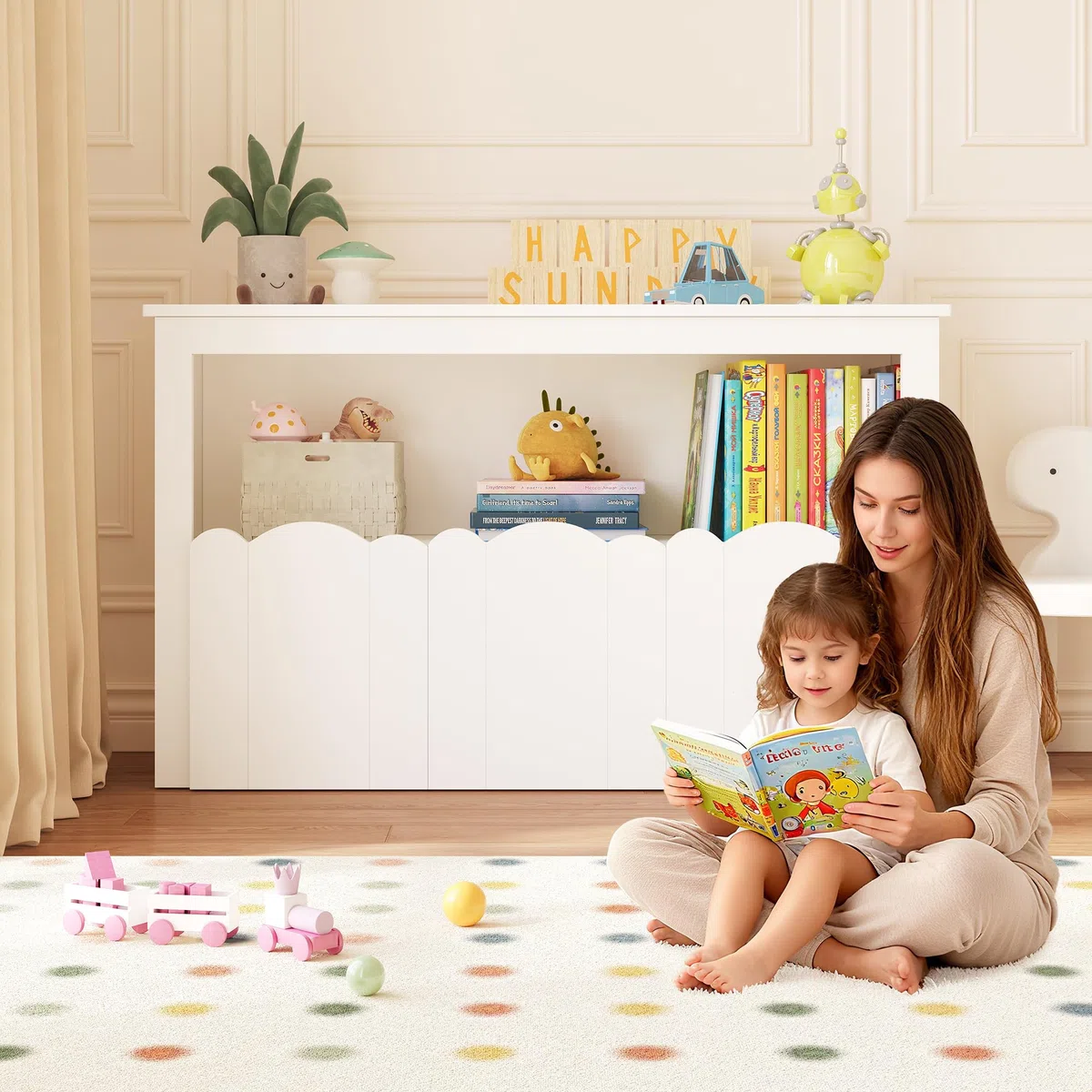 YOUDENOVA Kinderregal, Kinderzimmer Möbel mit 3 Boxen, Spielzeug Aufbewahrung auf Rollen, 102,2x33x61,5 cm, Aufbewahrung Kinderzimmer für Bilderbücher, Geschichtenbücher und Spielzeug, Weiß