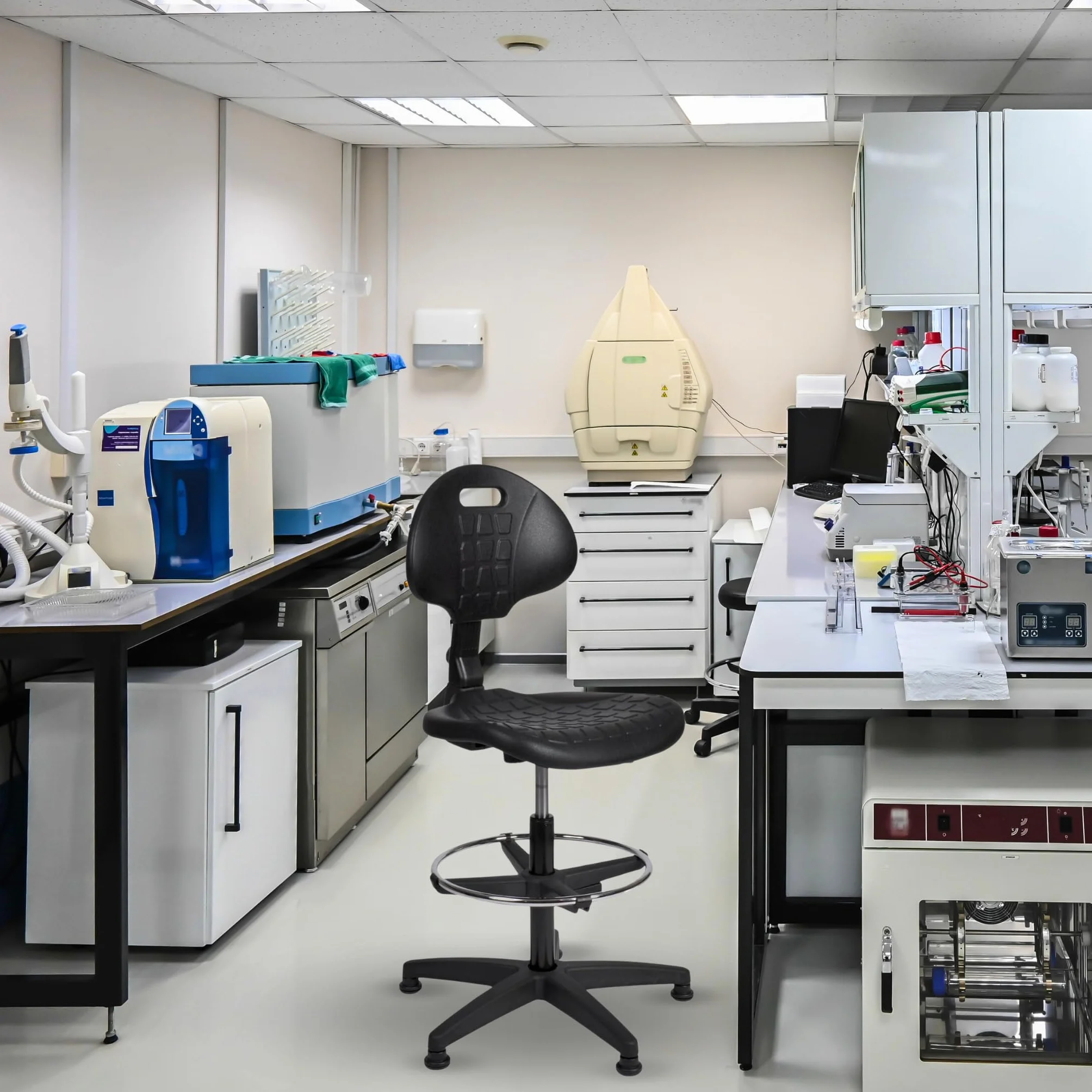 Topsit IND000112 Arbeitsstuhl aus Polyurethan, ergonomischer Arbeitsstuhl, Laborstuhl, höhenverstellbar und leicht zu reinigen, Stabiler Sockel mit Metallfußring und Füßen.