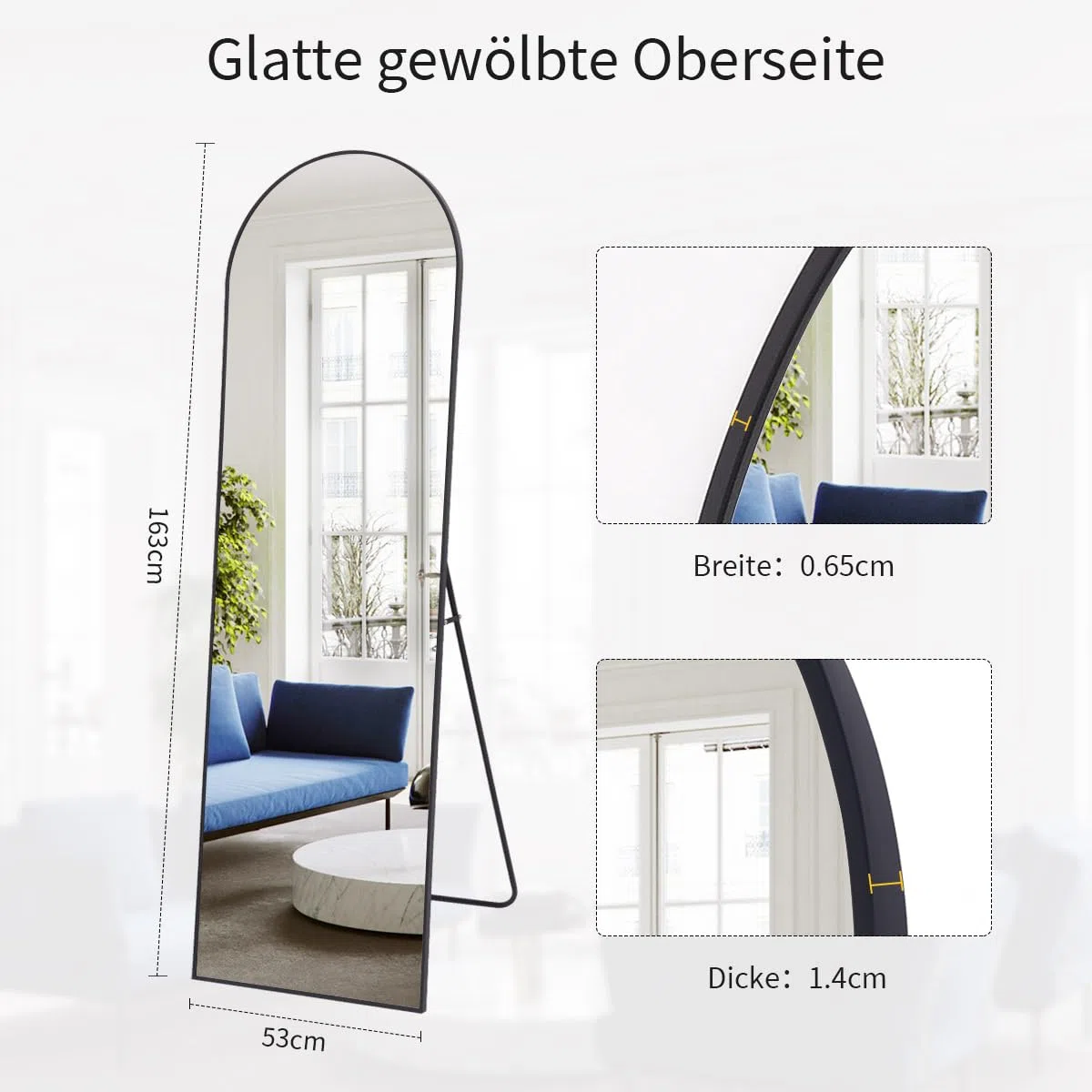 Koonmi Bogen Ganzkörperspiegel, 52 x 161 cm Gewölbter Standspiegel Groß in voller Länge, an der Wand montiert, lehnend, Bodenspiegel Ganzkörper als Ankleide Eitelkeitsspiegel für Wohnzimmer, Schwarz