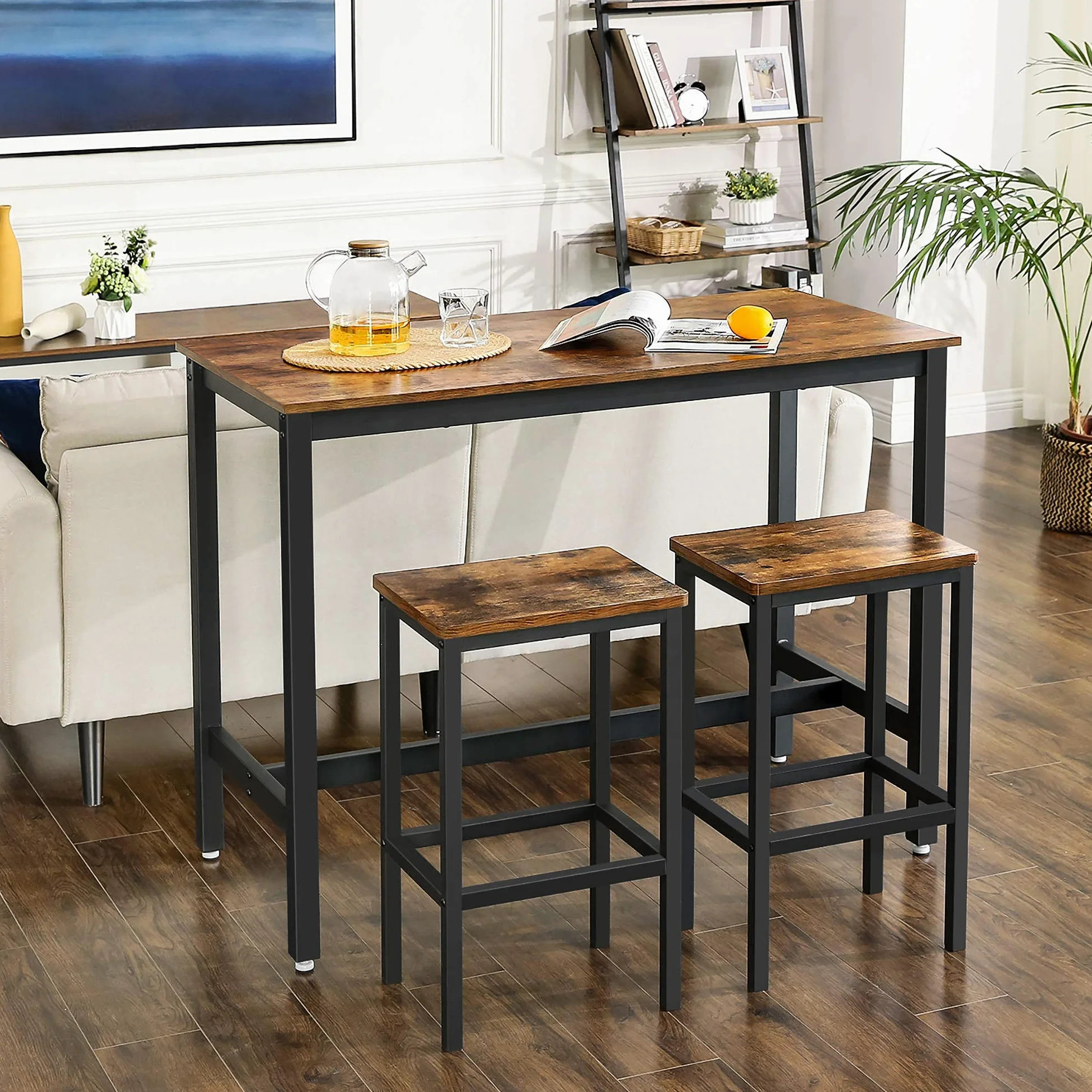 VASAGLE Bartisch-Set, Stehtisch mit 2 Barhockern, 120 x 60 x 90 cm, Küchentresen mit Barstühlen, Küchentisch und Küchenstühle im Industrie-Design, für Küche, vintagebraun-schwarz LBT15X