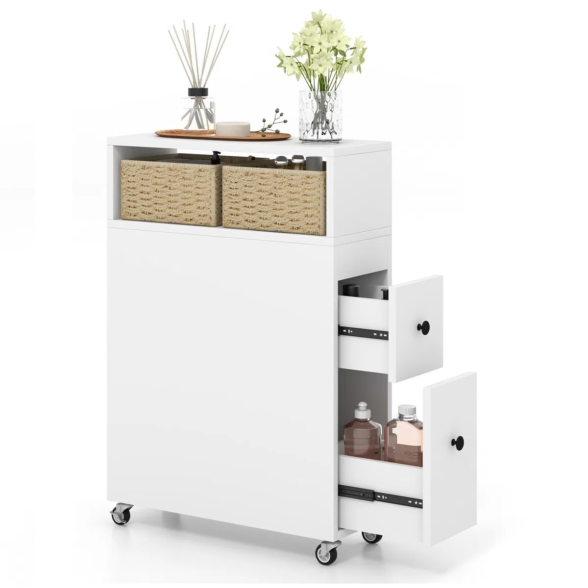 GIANTEX Nischenregal 19cm breit, Badezimmerschrank schmal Badregal auf Rollen, Nischenschrank Nischenwagen mit 2 Schubladen & 2 Weidenkörben, Rollwagen Rollcontainer 19x50x72 cm (Weiß)