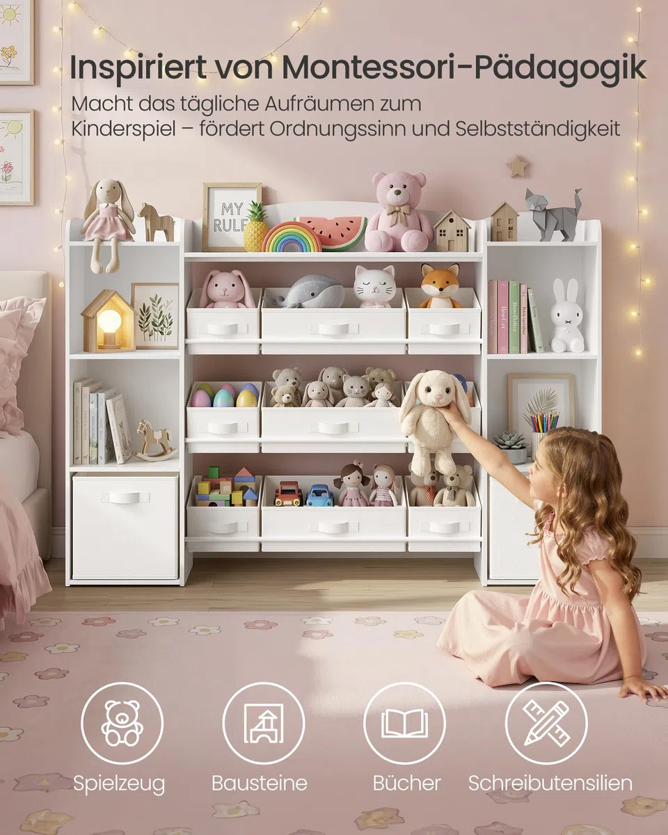 SONGMICS Kinderregal, Spielzeug Aufbewahrung, Spielzeugregal, Montessori Regal, 4 offene Fächer, 9 mittlere und 2 seitliche Boxen, für Kinderzimmer, 30 x 143,8 x 104 cm, wolkenweiß GKR062WB01