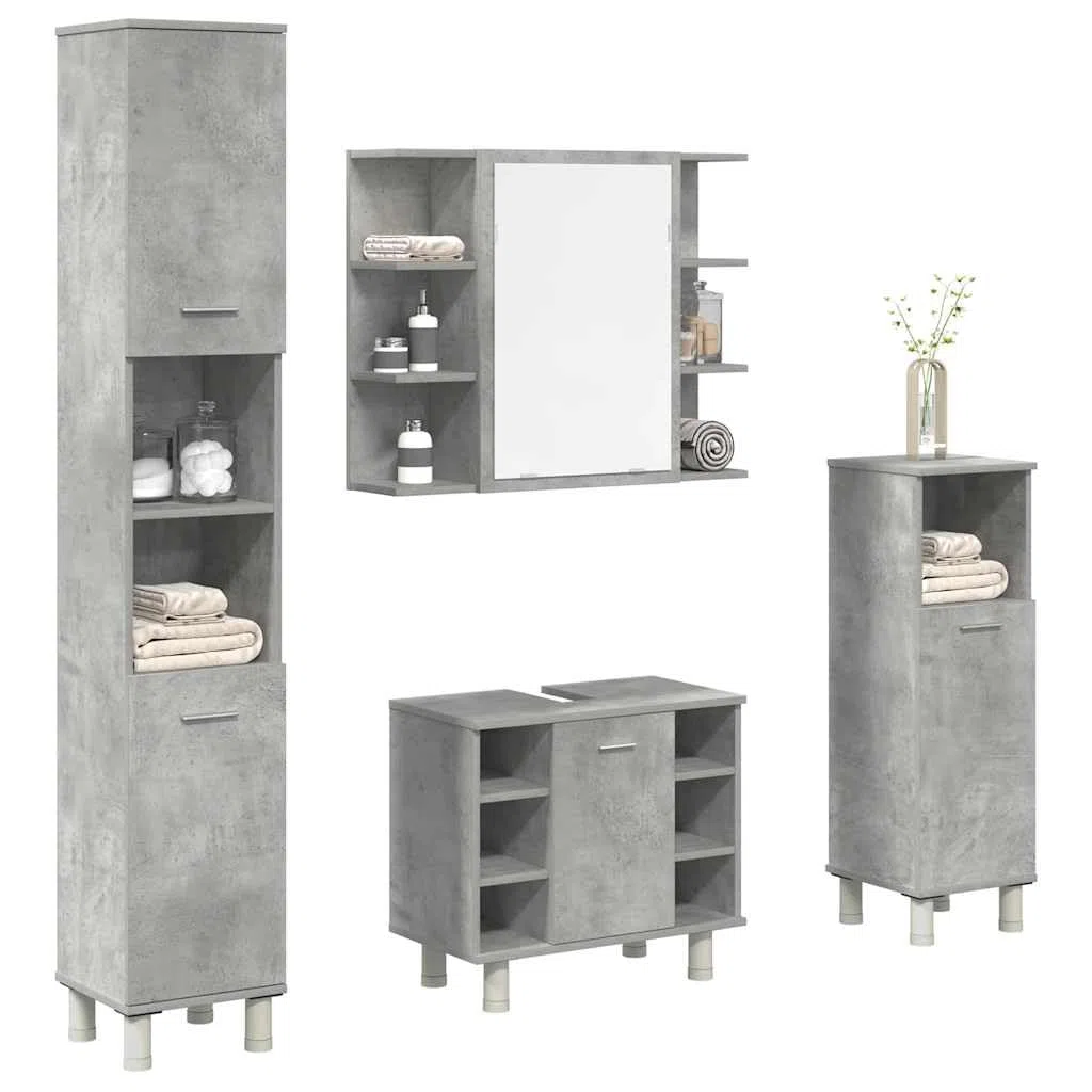 4-TLG. Badmöbel-Set Betongrau Holzwerkstoff Betongrau, Badezimmerschrank, Unterschrank Bad, Unterschrank